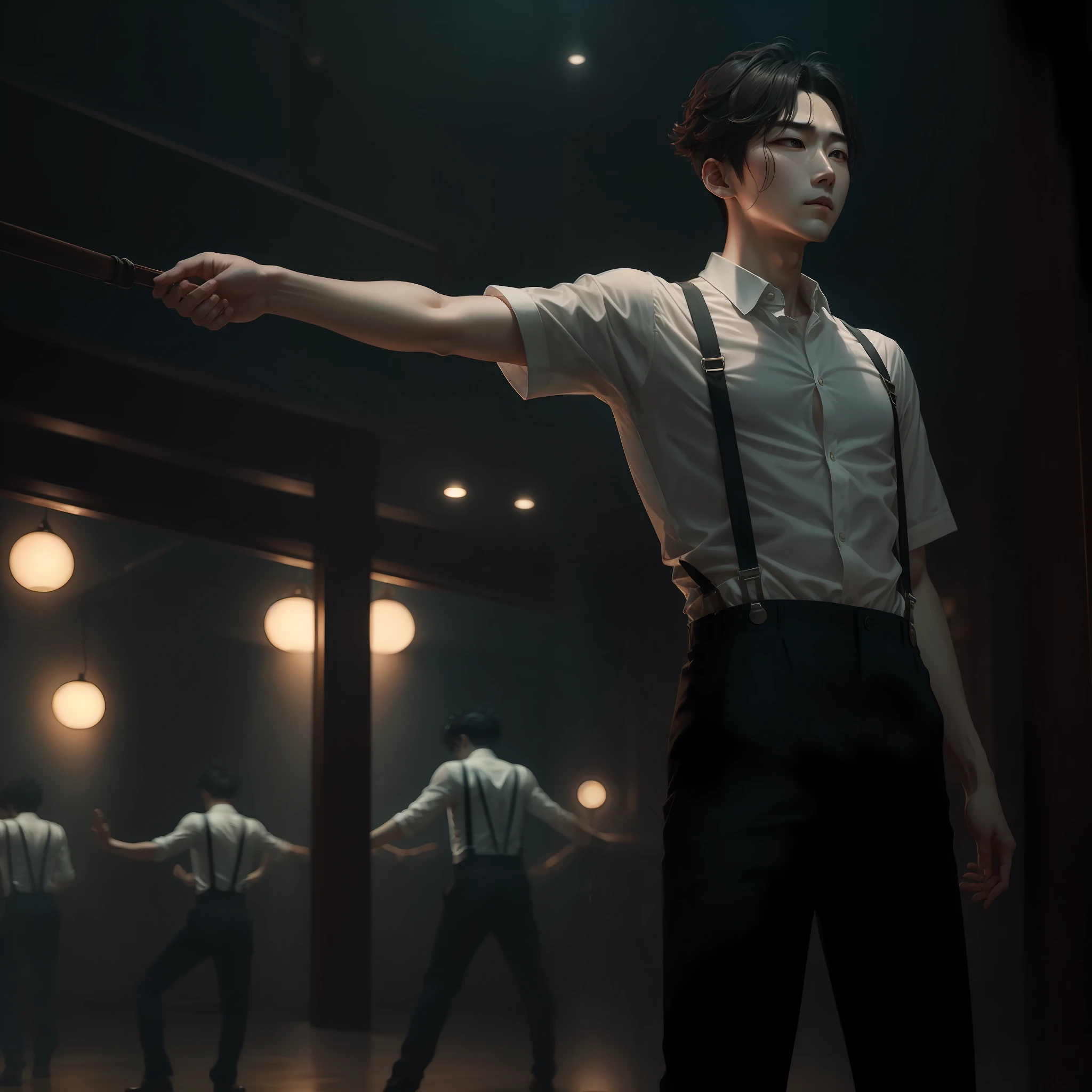 Suspenders，Split head，Cai Xukun's，glomy，gazing out into the distance，The background is dim，A strange sense of confidence，Dance，Be open and free，Back，Swing down right，Large amplitude of action --auto