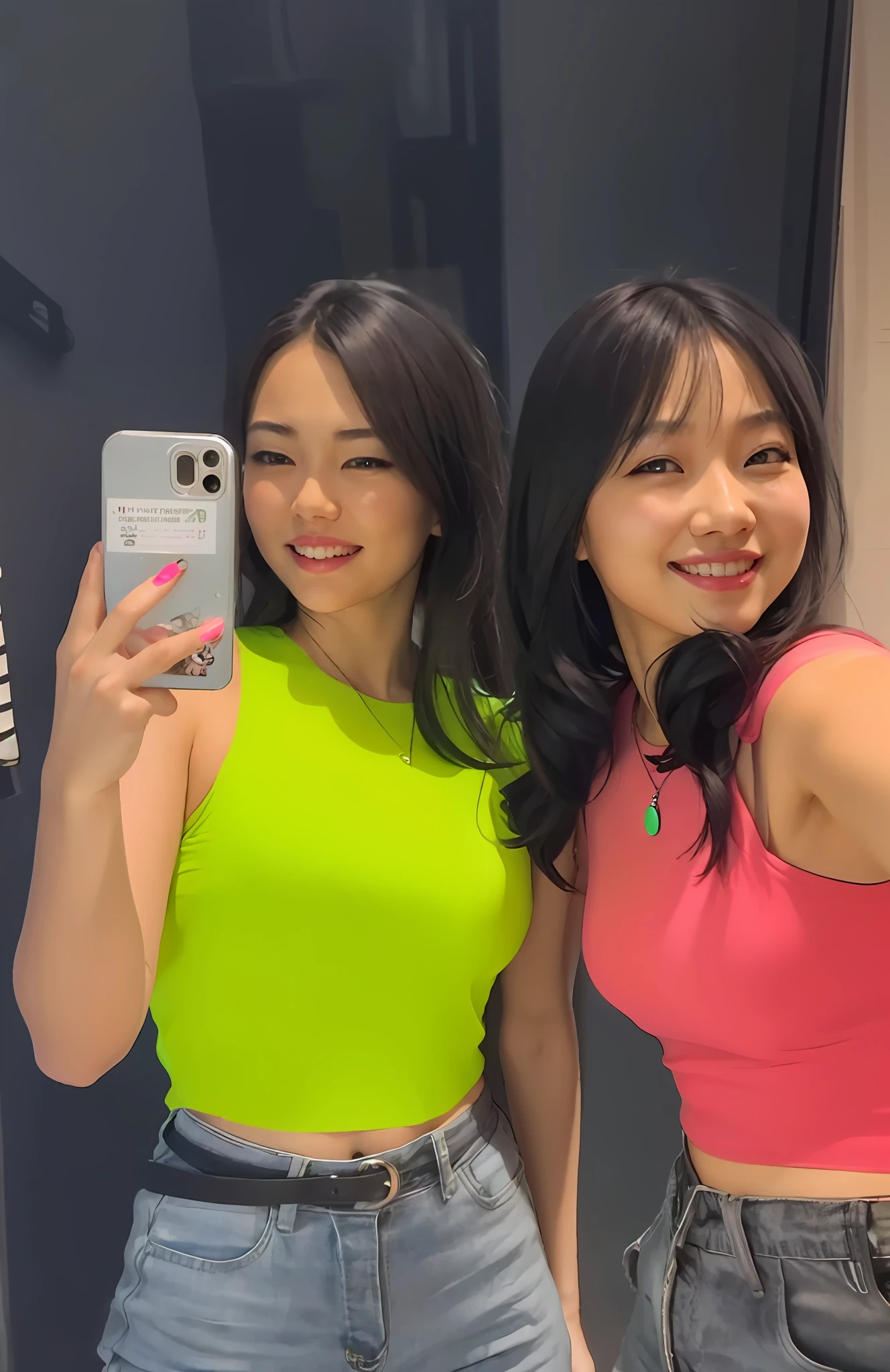 two women taking a selfie in a mirror with a cell phone, neon vibes, personal profile picture, wearing a neon green dress, taken in 2022, neon colored, inspired by Wang Duo, ruan jia and mandy jurgens, neon colored dress, Bright neon colors, Gemma Chen, neon aesthetic, vibrant aesthetic, colored neons, neon style