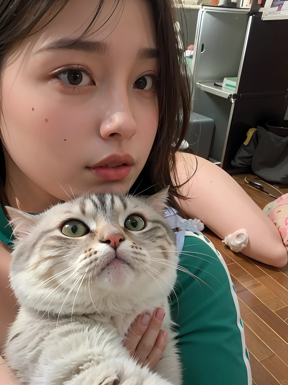 there is a woman holding a cat in her arms, big cheeks holding her cat, Holding a cat, there is a cat next to her, with small cat on lap, 2 7 years old, 2 3 years old, 2 8 years old, 2 2 years old, she is holding a cat in her arms, 1 8 I, 21 years old --auto