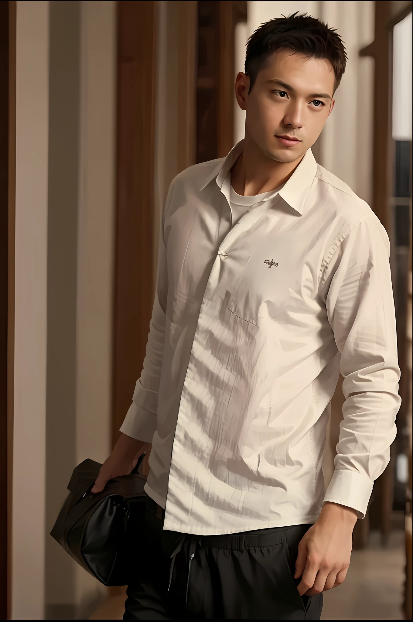 1man, a muscular 30 year old man in a long sleeved white shirt, tie and leather shoes, full body, soft lighting, masterpiece, best quality, 8k uhd, dslr camera, film grain, Fujifilm XT3 photorealistic painting art, by midjourney and greg rutkowski