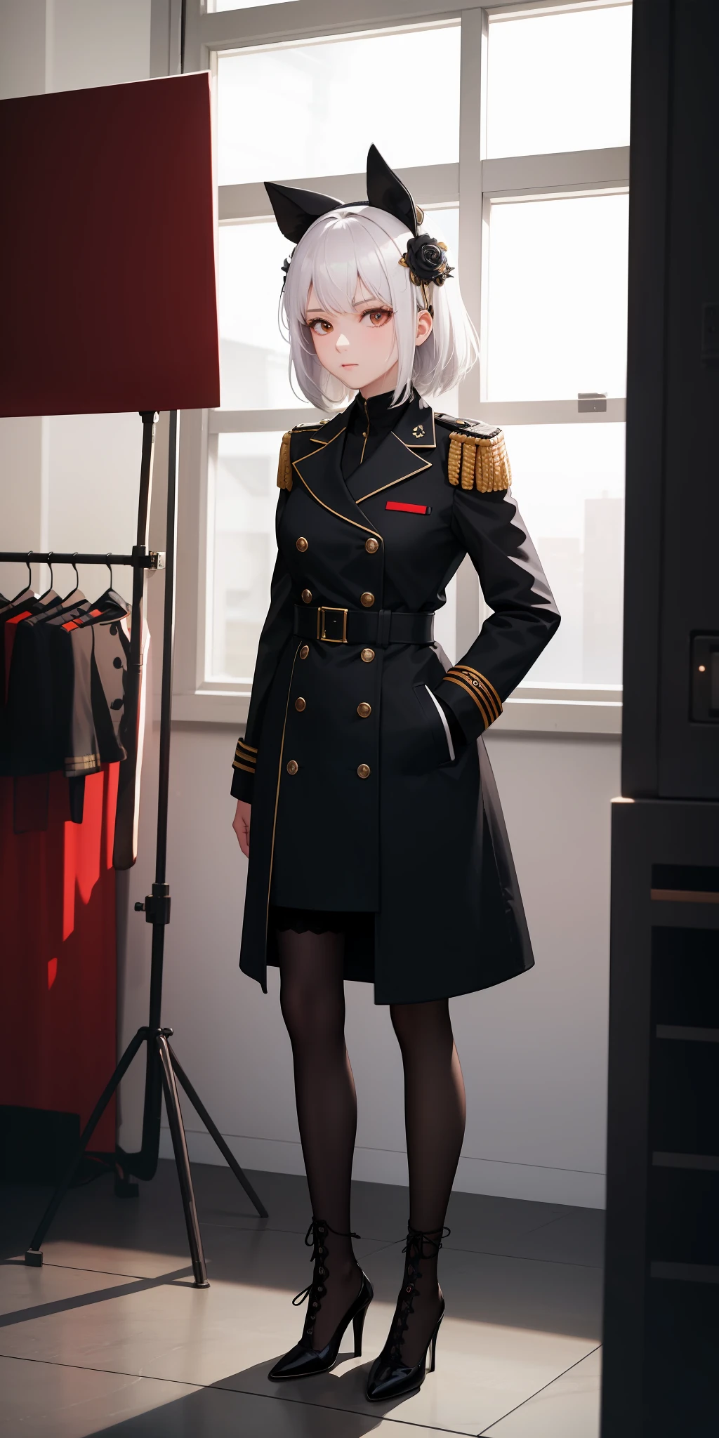 1girll,white color hair,Wear a black flower on your head,Wearing a black gauze tights,Wear a black wristband,Black lace-up heels,Wearing a black military uniform overcoat,The inside of the coat is red,perfectly proportioned, Cinematic lighting, filmgrain, Fujicolor, lightand shade contrast, 8K, 巨作, Textured skin, Super detail, hoog detail, High quality, A high resolution,