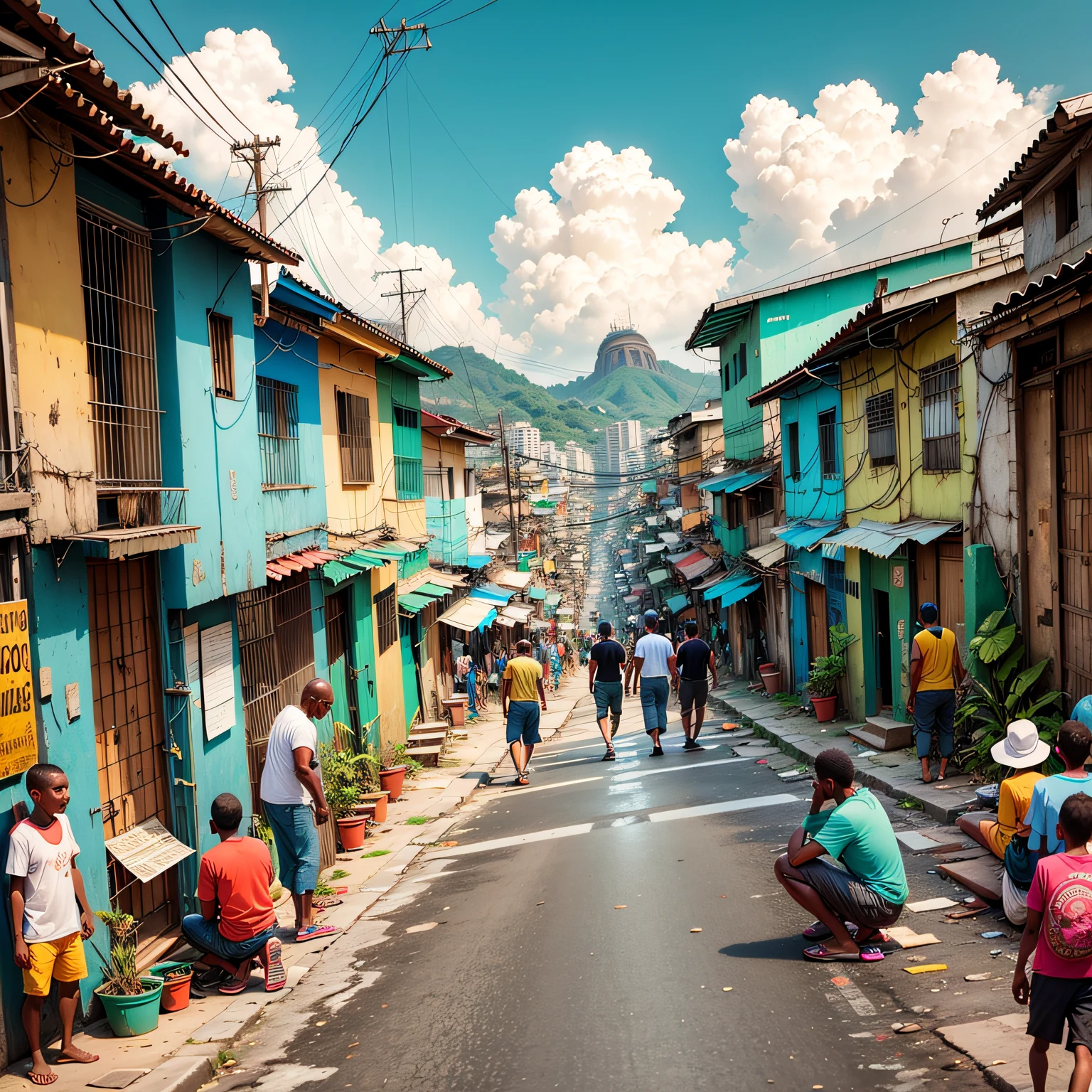 Here are some images of Brazilian favelas. They show the colorful and crowded architecture, people going about their daily lives, and community events and celebrations --auto