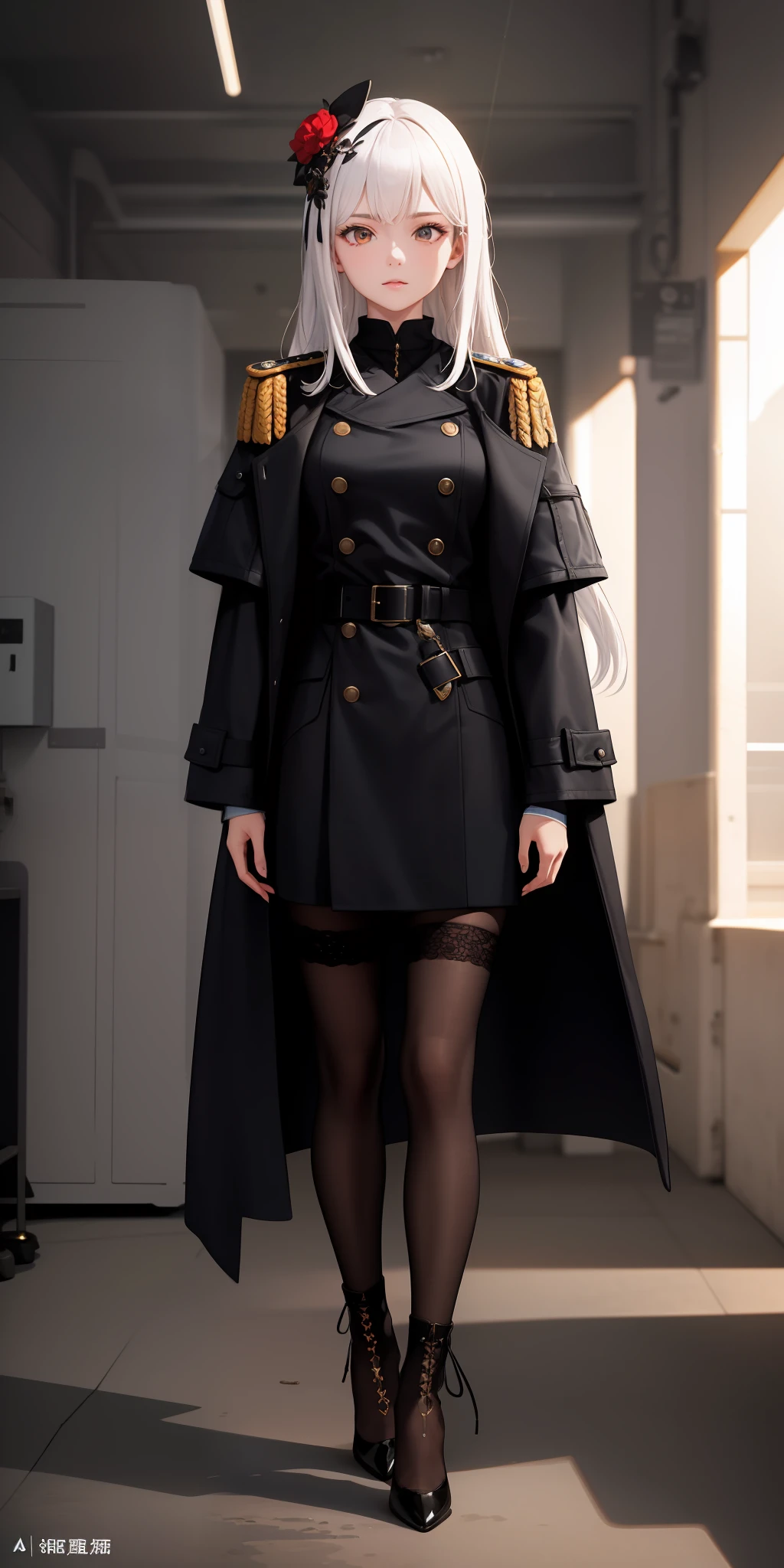 1girll,white color hair,Wear a black flower on your head,Wearing a black gauze tights,Wear a black wristband,Black lace-up heels,Wearing a black military uniform overcoat,The inside of the coat is red,perfectly proportioned, Cinematic lighting, filmgrain, Fujicolor, lightand shade contrast, 8K, 巨作, Textured skin, Super detail, hoog detail, High quality, A high resolution,