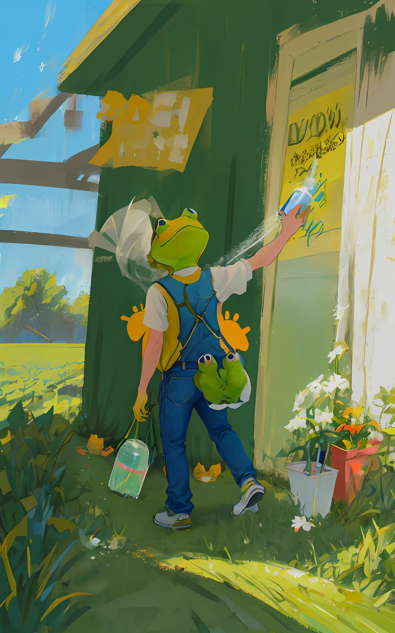 Cartoon frog carrying a sprayer on his back spraying pesticides，The bug in front of him was killed by the pesticide