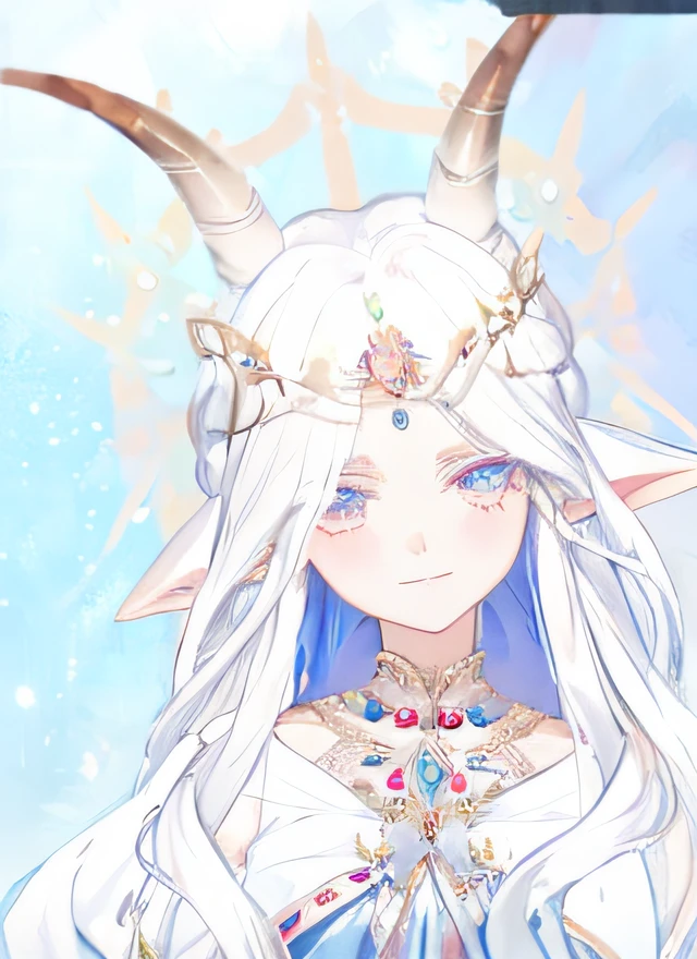 a close up of a person with long hair wearing a horned headdress, white horns queen demon, white haired deity, an elf queen, the goddess artemis smirking, she has elf ears and gold eyes, portrait of an elf queen, anime goddess, Elf Princess, beautiful ancient frost witch, an elf queen, beautiful and elegant elf queen, wearing a crown made of antlers