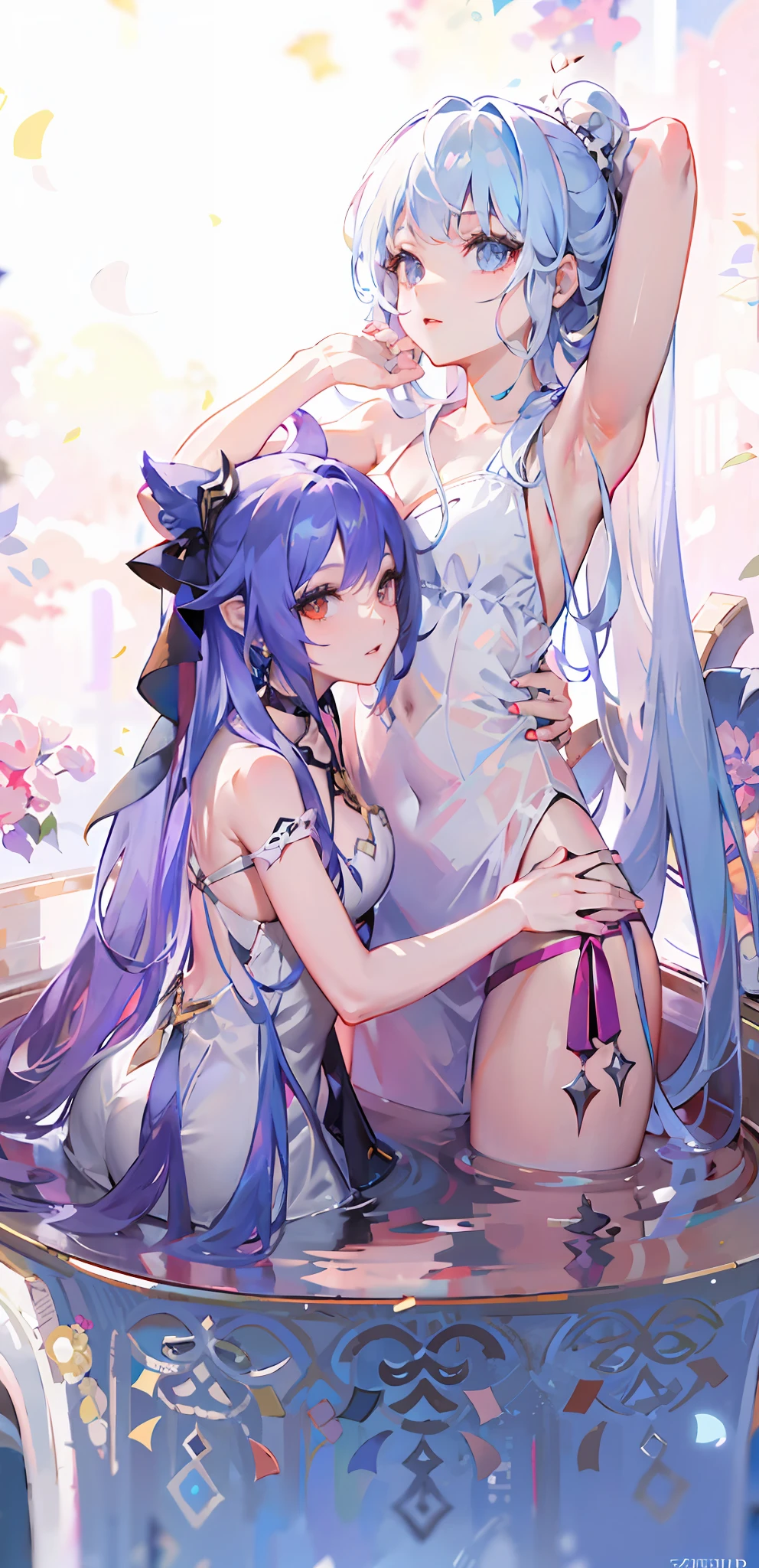 anime girl in a white dress sitting in a bowl with a cat, author:Shitao, Anime moe art style, azur lane style, WLOP and Sakimichan, Anime goddess, A scene from the《azur lane》videogame, zerochan art, seductive anime girls, pixiv contest winner, from touhou, nightcore, 《azur lane》role