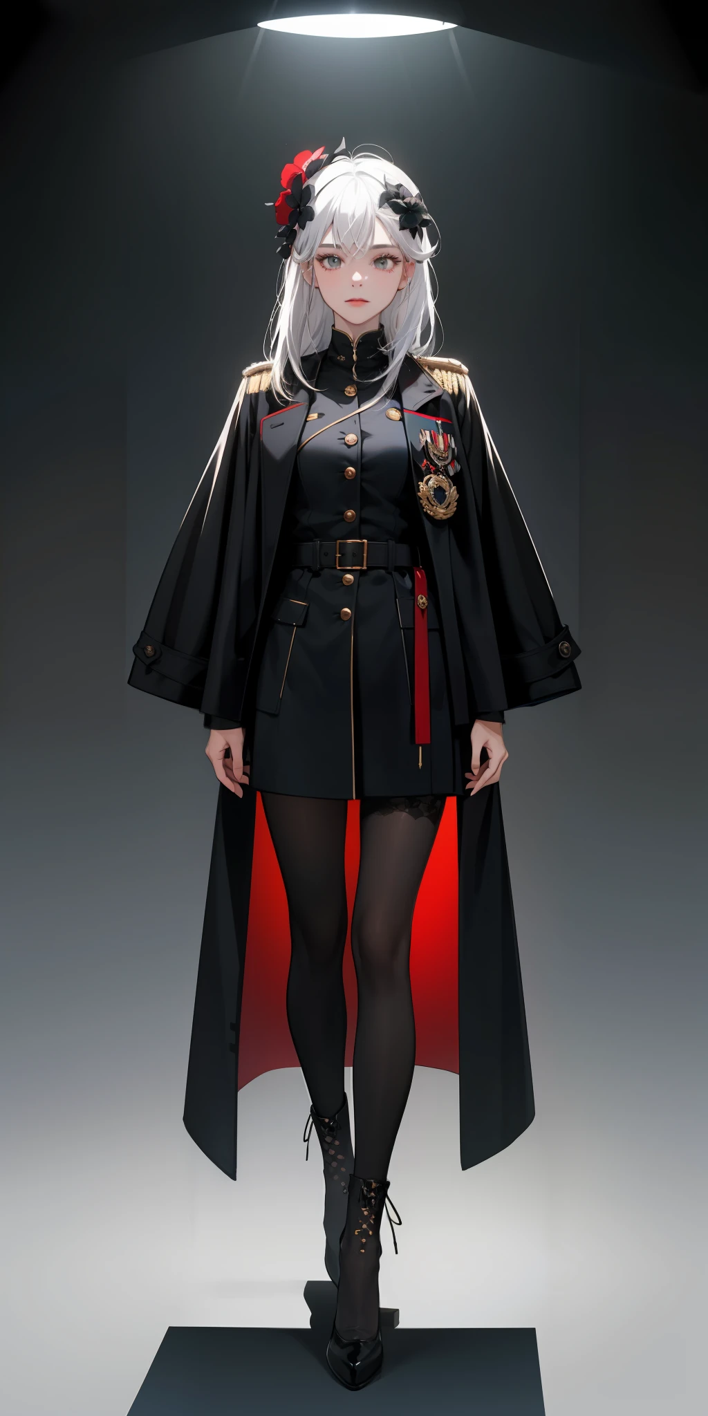 1girll,white color hair,Wear a black flower on your head,Wearing a black gauze tights,Wear a black wristband,Black lace-up heels,Wearing a black military uniform overcoat,The inside of the coat is red,perfectly proportioned, Cinematic lighting, filmgrain, Fujicolor, lightand shade contrast, 8K, 巨作, Textured skin, Super detail, hoog detail, High quality, A high resolution,