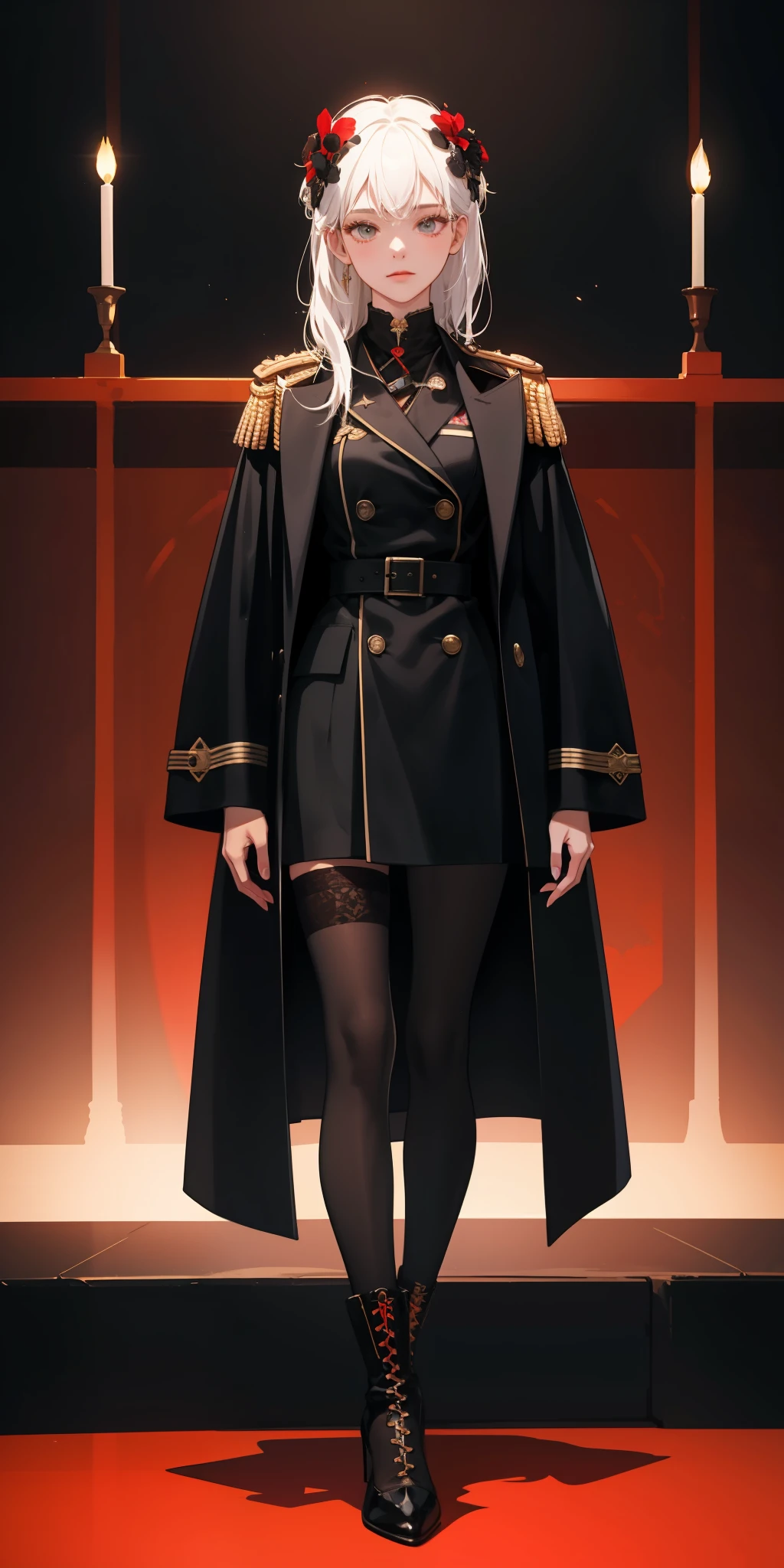 1girll,white color hair,Wear a black flower on your head,Wearing a black gauze tights,Wear a black wristband,Black lace-up heels,Wearing a black military uniform overcoat,The inside of the coat is red,perfectly proportioned, Cinematic lighting, filmgrain, Fujicolor, lightand shade contrast, 8K, 巨作, Textured skin, Super detail, hoog detail, High quality, A high resolution,