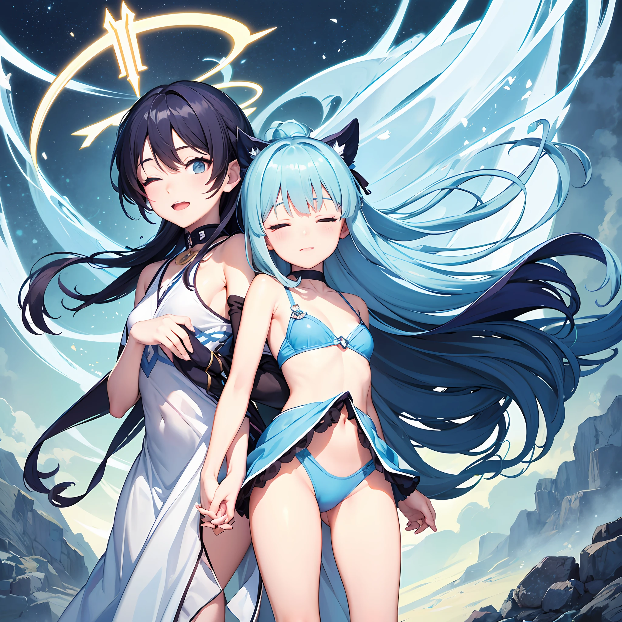 animemanga girl,Carry your hands behind your back,With his eyes closed,There are small pale blue wings on the back,There was a light blue light coming down overhead,ssmile,full bodyesbian,frontage,the sky background,The head is slightly to the right,Overhead halo,style of anime --auto