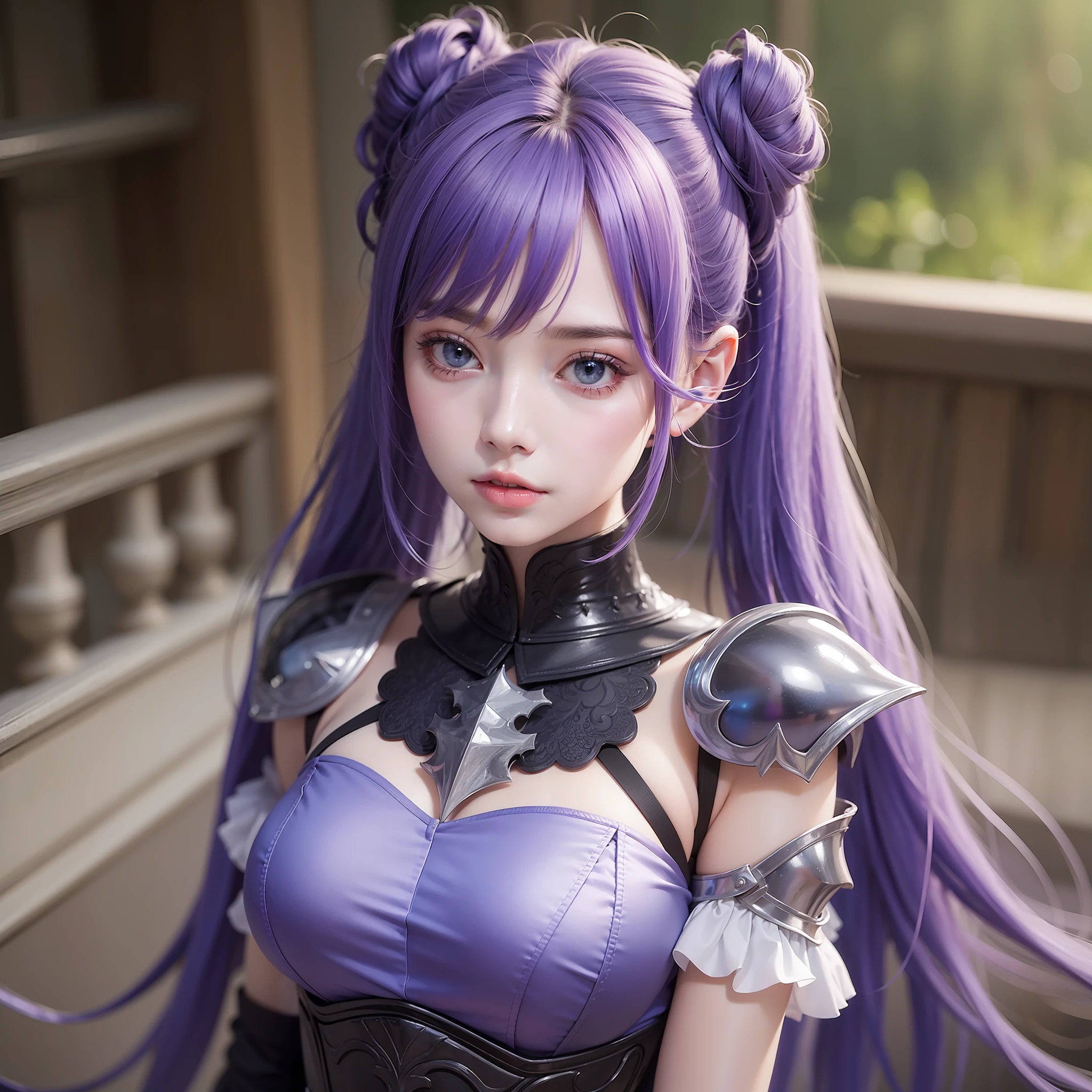 Colorful hair(Purple and blue gradient)、short twintails、beautfull woman、Eyes that seem to be sucked in、Official art、masterpiece、Extremely delicate modeling、beste-Qualit、Hphotorealistic、8k picture、hiquality、large full breasts、Princess、Infant face(Rounded face)、Paladin、Beautiful armor