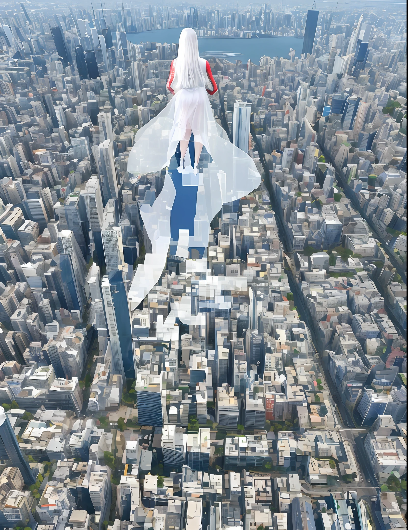 4k, realistic, carismatic, very detail, there is a girl on top city, wearing spiderman costum, she is a spiderman, white super hero theme, white long hair, 25 years old, full body