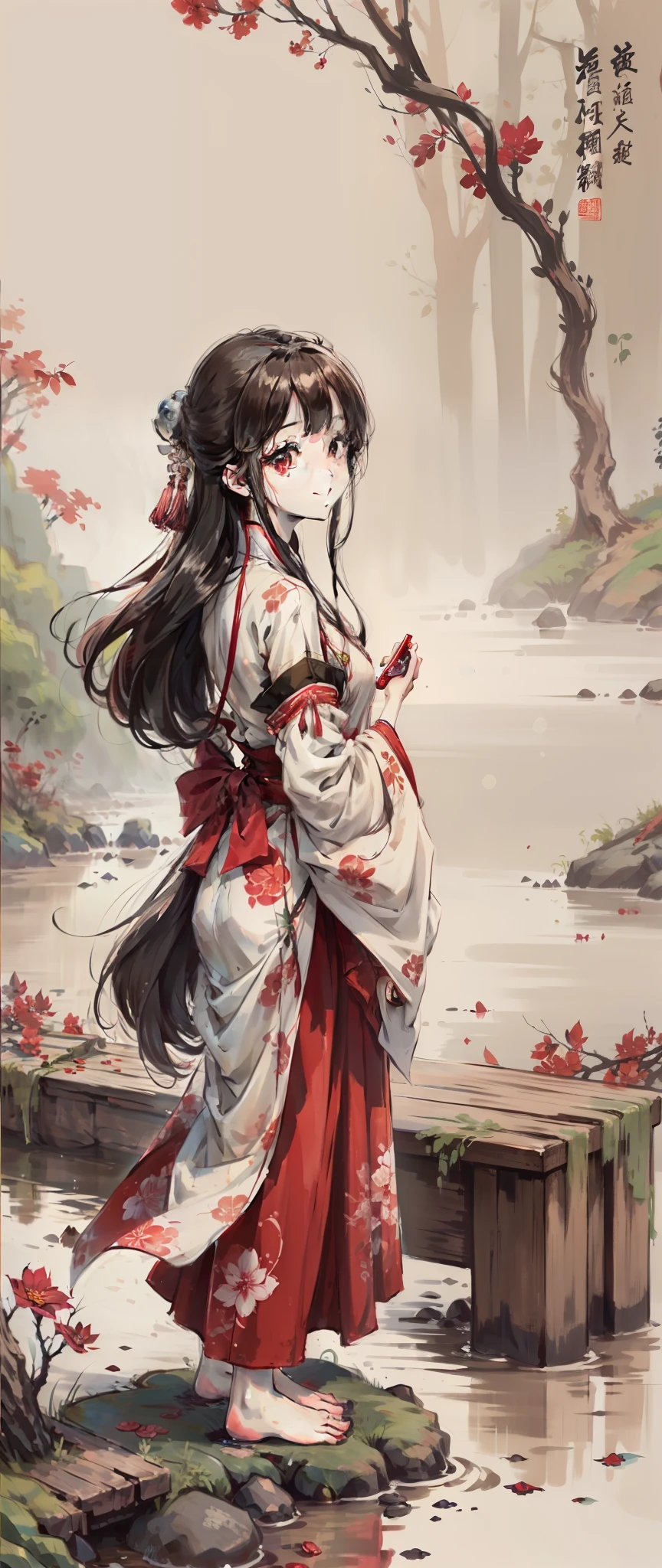 ((4K,巨作,Best quality)), shuimobysim, Traditional Chinese painting, SakuraNS, komono, maxikit, Dress conservatively 1girl, Solo, Red long-haired, ssmile, standingn, feet in water, bare footed,Red long-haired