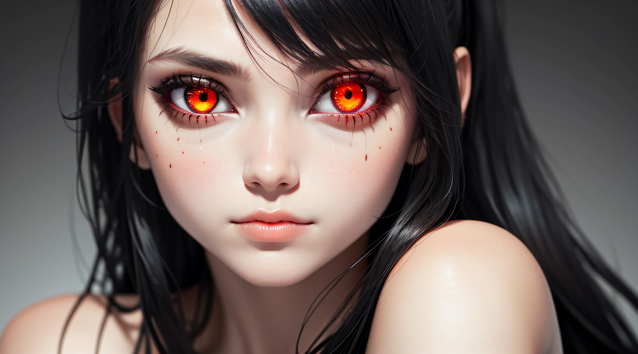 1girl, close up shot, (black sclera), glowing red eyes, black hair, pale skin,