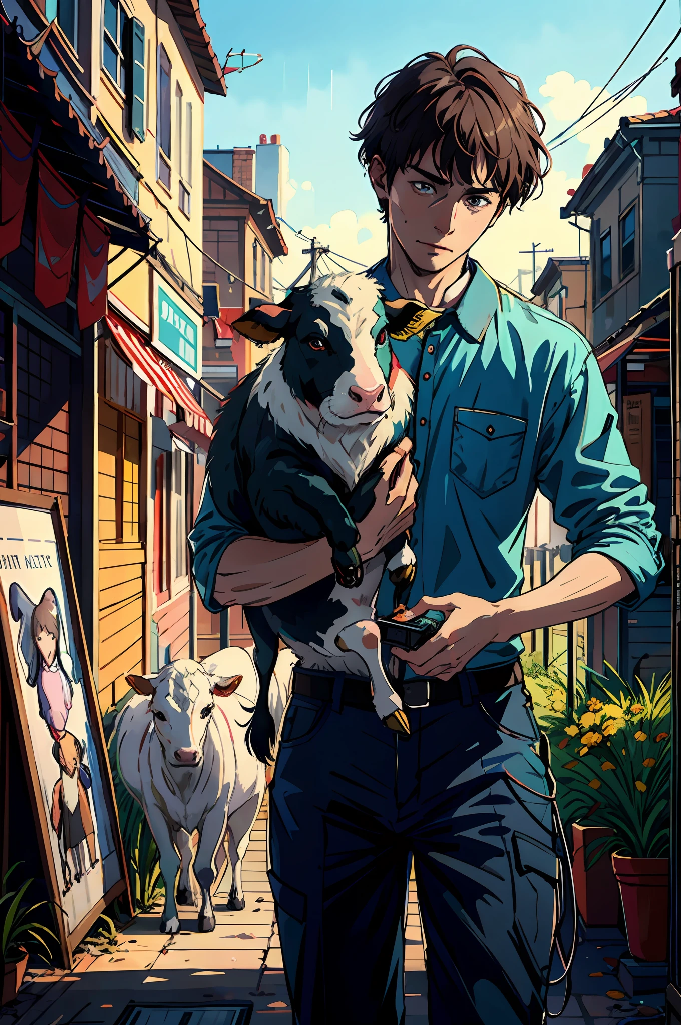 Holding a cow in his hand