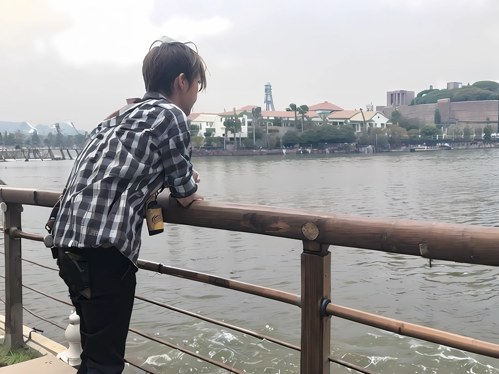 there is a man standing on a bridge looking at the water, gazing at the water, standing next to water, Lake in the background, sentado em frente a um lago, looking at the city, river in the background, chill time. Good view, park in background, with a park in the background, sittinng on the river, sad man, pensive lonely