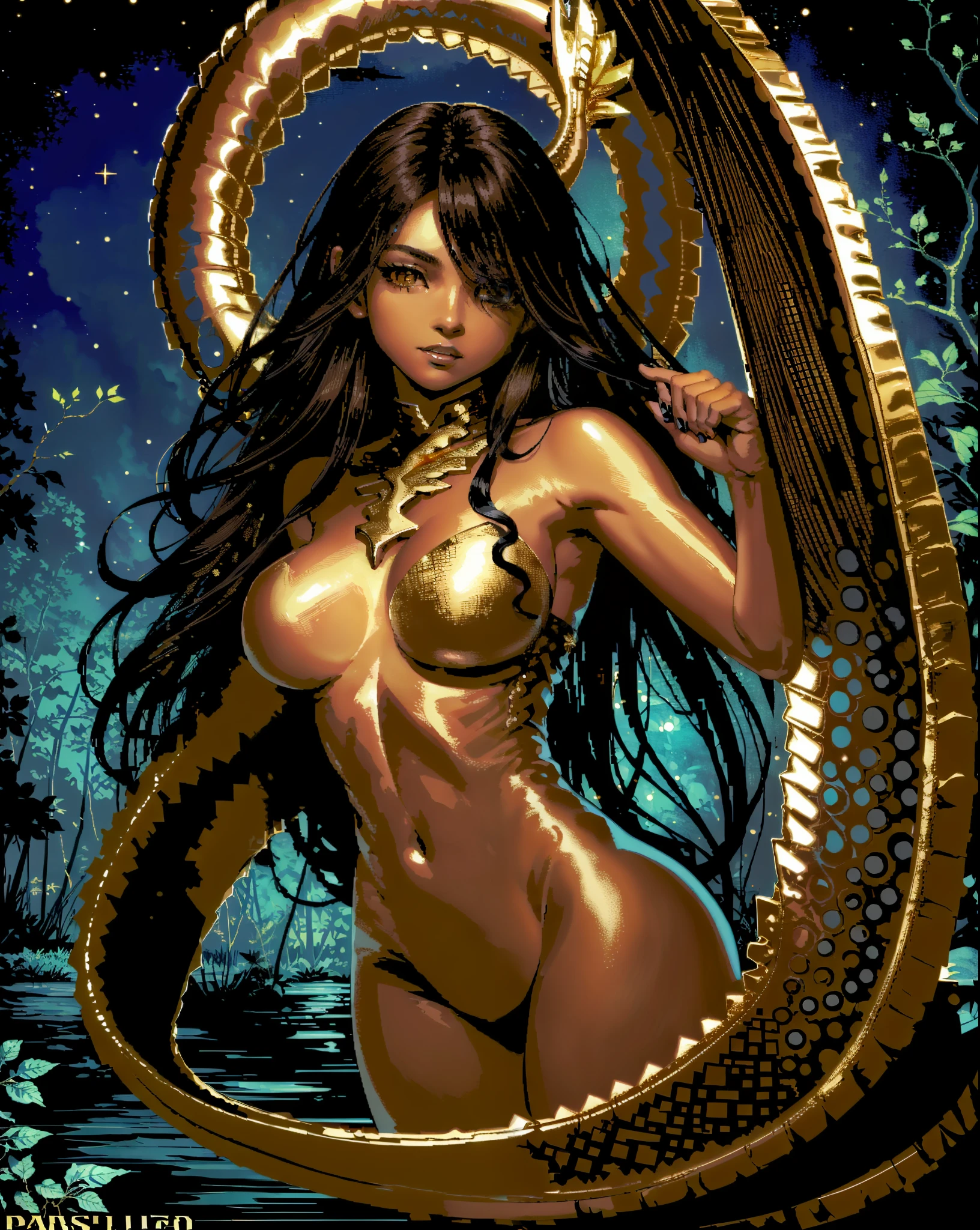 masterpiece, high quality, classical, (1girl:1.3), (upper-body shot:1.21), artistic, painterly, (brown skin:1.321), (((taniwha))), barefoot, very long black hair, hair over one eye, dark forest, nighttime, soft lighting, character focus, [diffused lighting:1.1], (gold eyes:1.321), wide hips, huge breasts, creepy pose, angel and demon