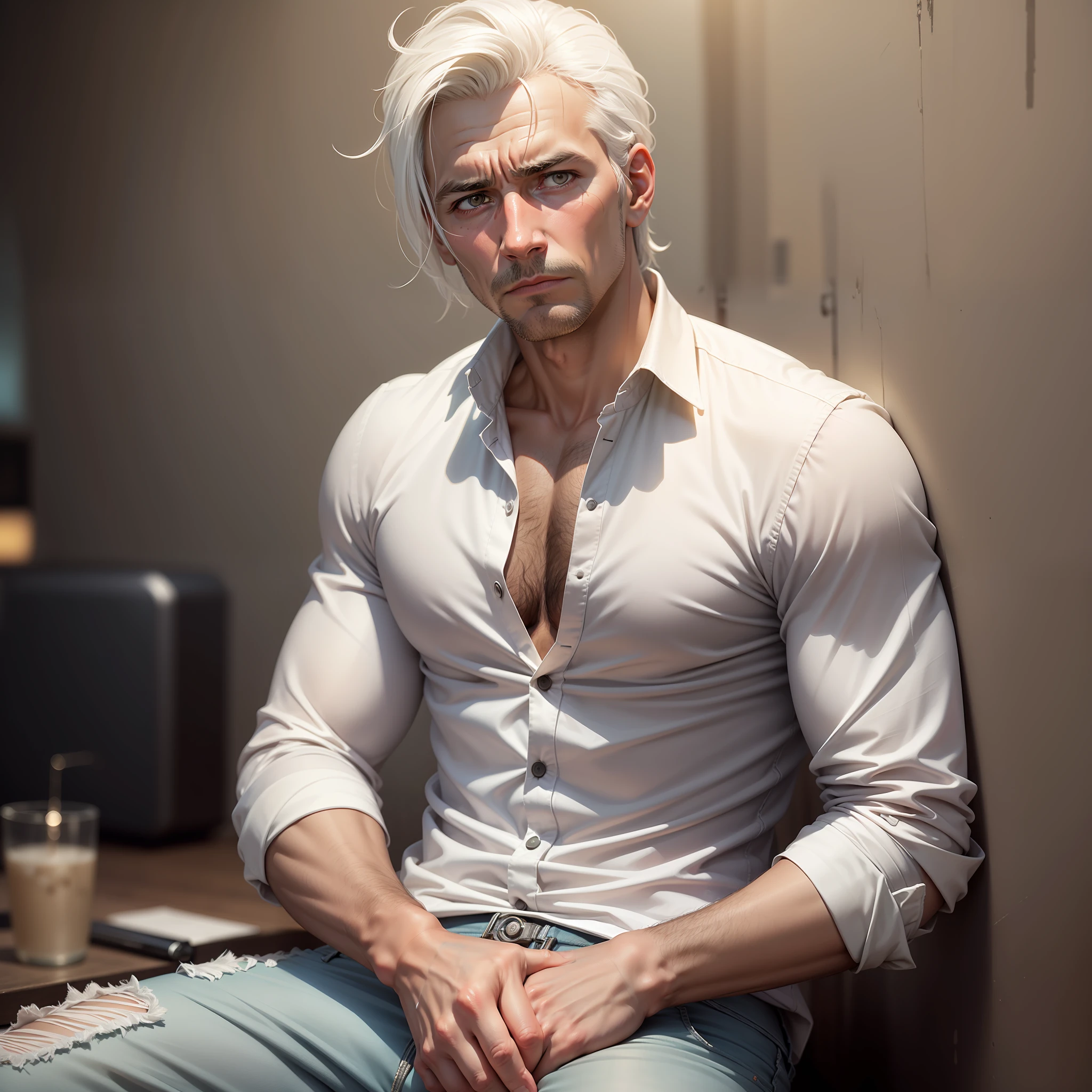 Ultra-realistic, ultra-detailed image of average male, 40s, white hair, white shirt and jeans, sitting in a nightclub with a downtrodden, insecure expression