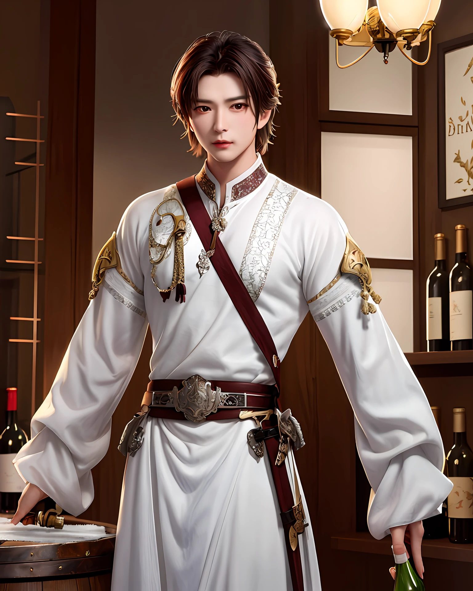 Male Antique Young Handsome White Sword Immortal Holding Long and Short Swords Hanging wine jugs around his waist