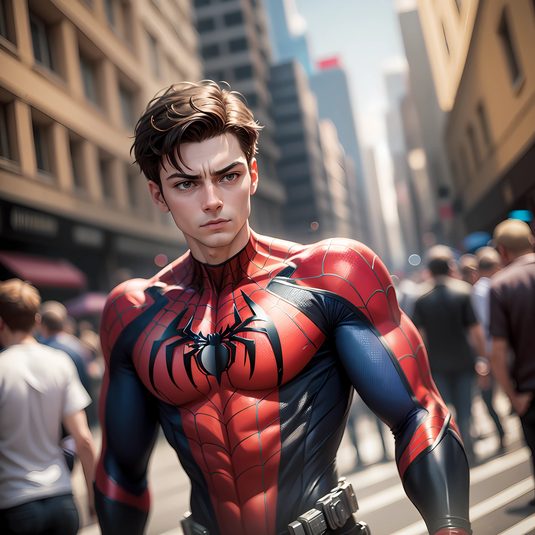 1 homem peter parker   como homem aranha, 1:3 , looking-into-camera,  Walking in the crowd, hiper-realista, cinematiclight, Foto para Instagram, Nikon Camera Picture Blur, obra-prima, realista, qualidade superior --auto --s2