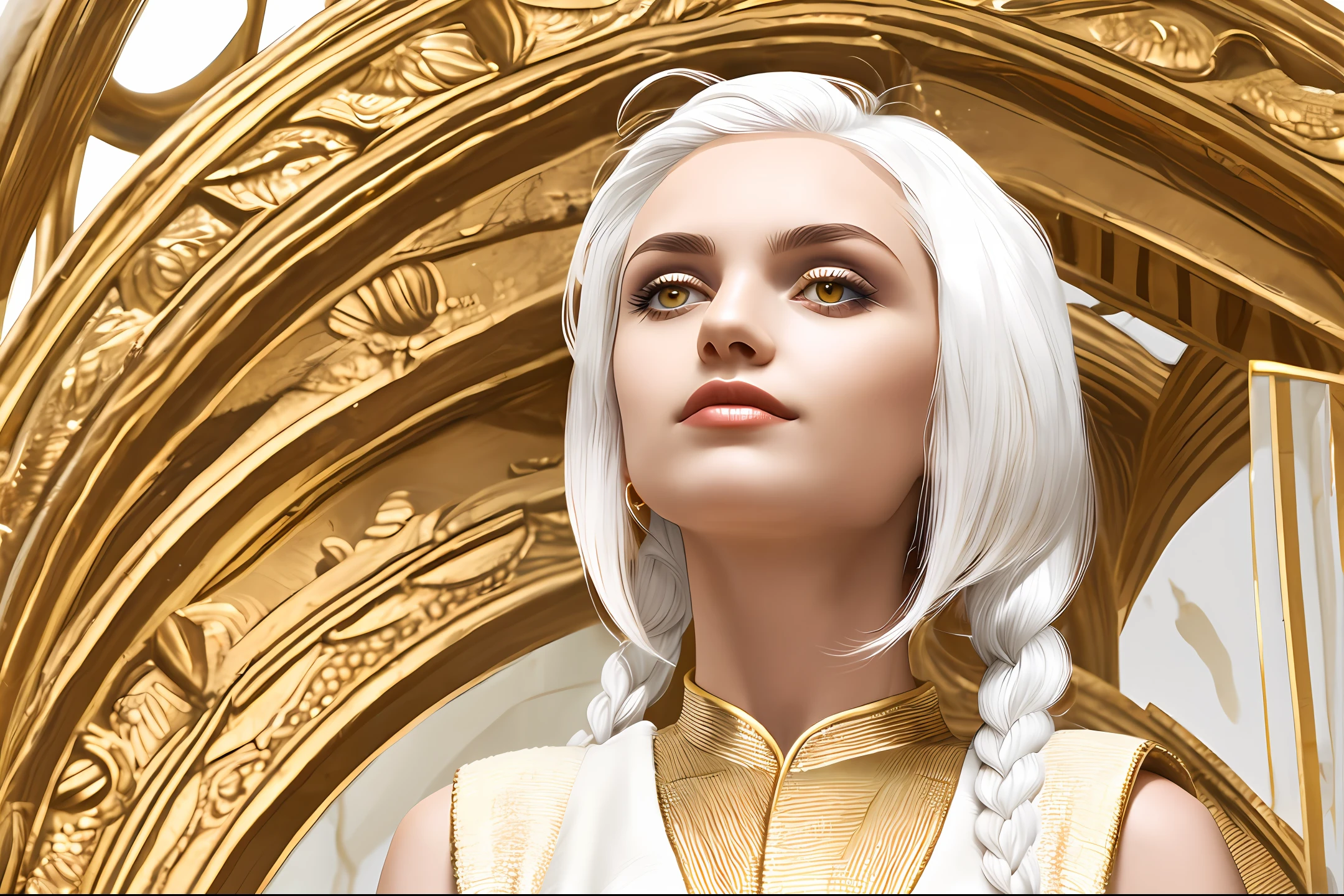 best quality, masterpiece,white hair, gold eyes,white clothes, looking up, upper body,hair strand,Fair skin,side braids