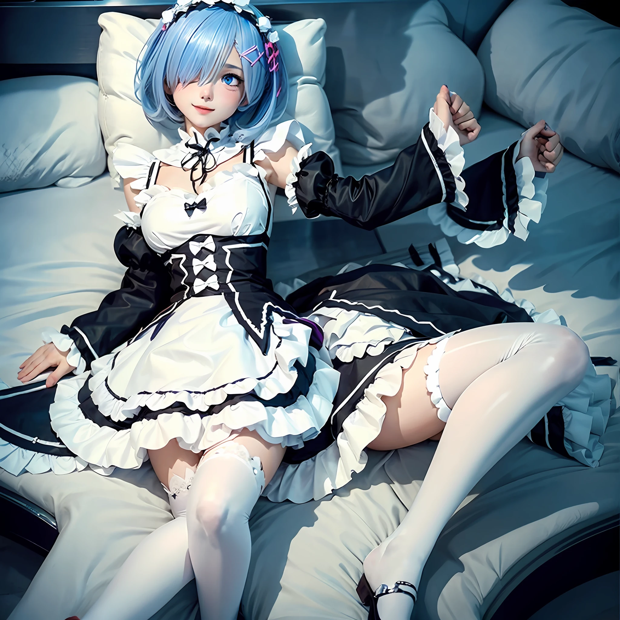 blue hairs，black and white maid clothes，Bangs cover one eye，teens girl，Love eyes，ssmile，adolable，full bodyesbian，Short hair just up to the neck，White stockings，blue color eyes，gentleness，nakeness，onbed