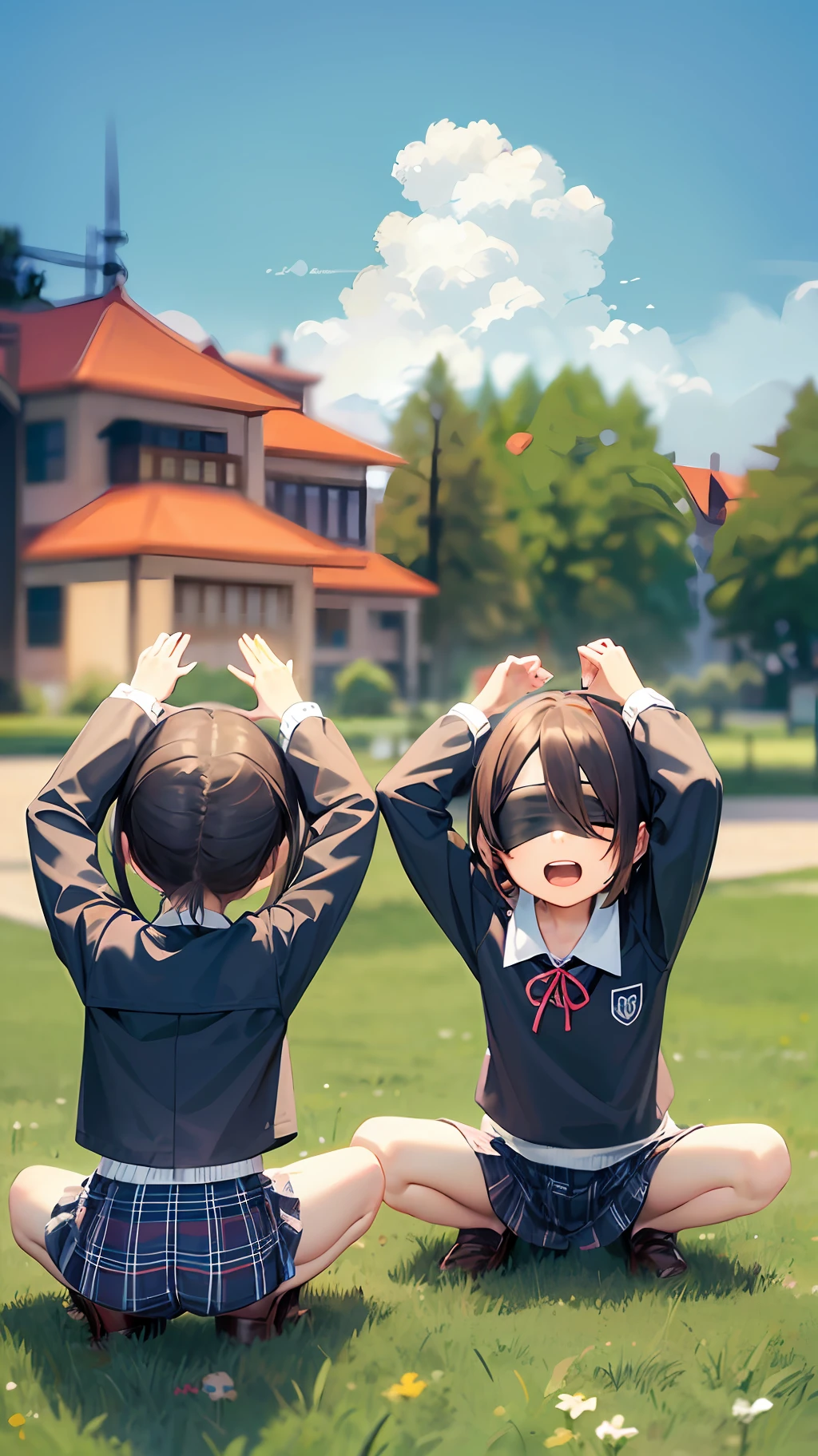 beste-Qualit, Top resolution, , Kizi, 校服,squatting down,a park,blindfolds,From above,Looking Up