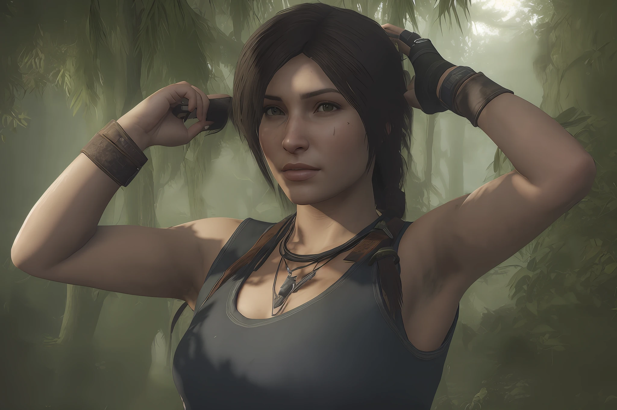 there is a woman with a knife in her hand in a forest, Retrato de Lara Croft, Lara Croft, Lara Croft Relaxante, Beautiful Tomb Hunter, suor muscular Lara Croft, tomb raider setting, maia realista, Sombra do Tomb Raider, tomb raider, Lara Croft Medieval, shadow of the tomb rider, Lara Croft comendo durian, videogame render, maya render