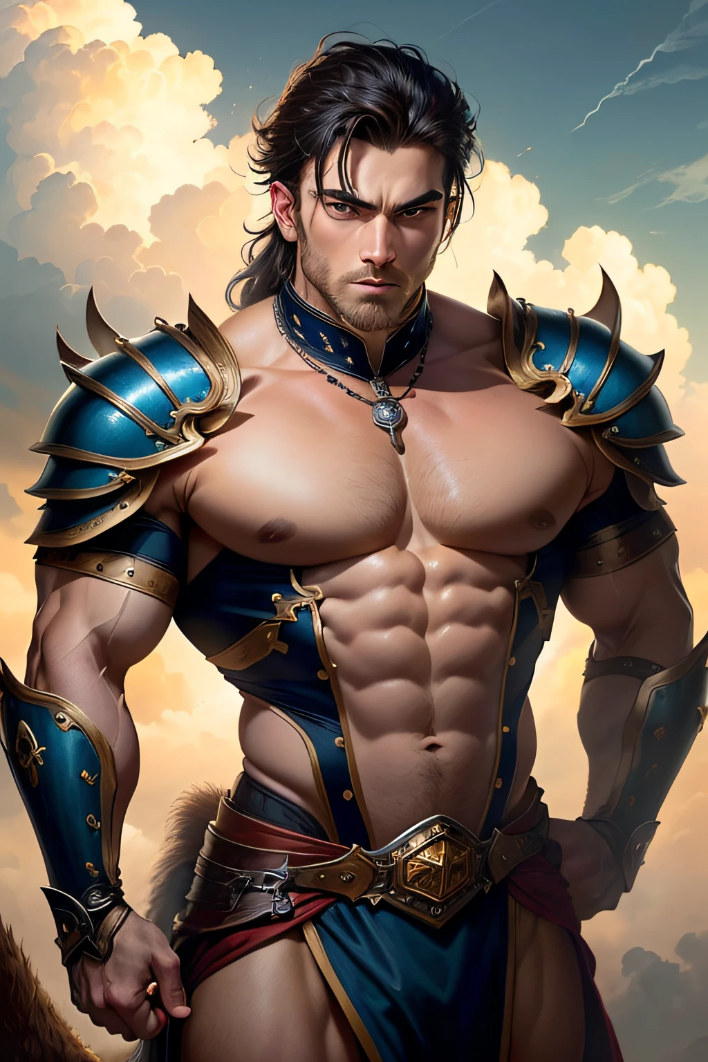 ((best quality)), detailed, ((attractive, but tasteful))warrior man, wearing Victorian-era armor,, ((fantastic pose)), ((flexed body)), ((a touch of sensuality)),((background: a sky full of clouds)), ((discreet lighting)).
