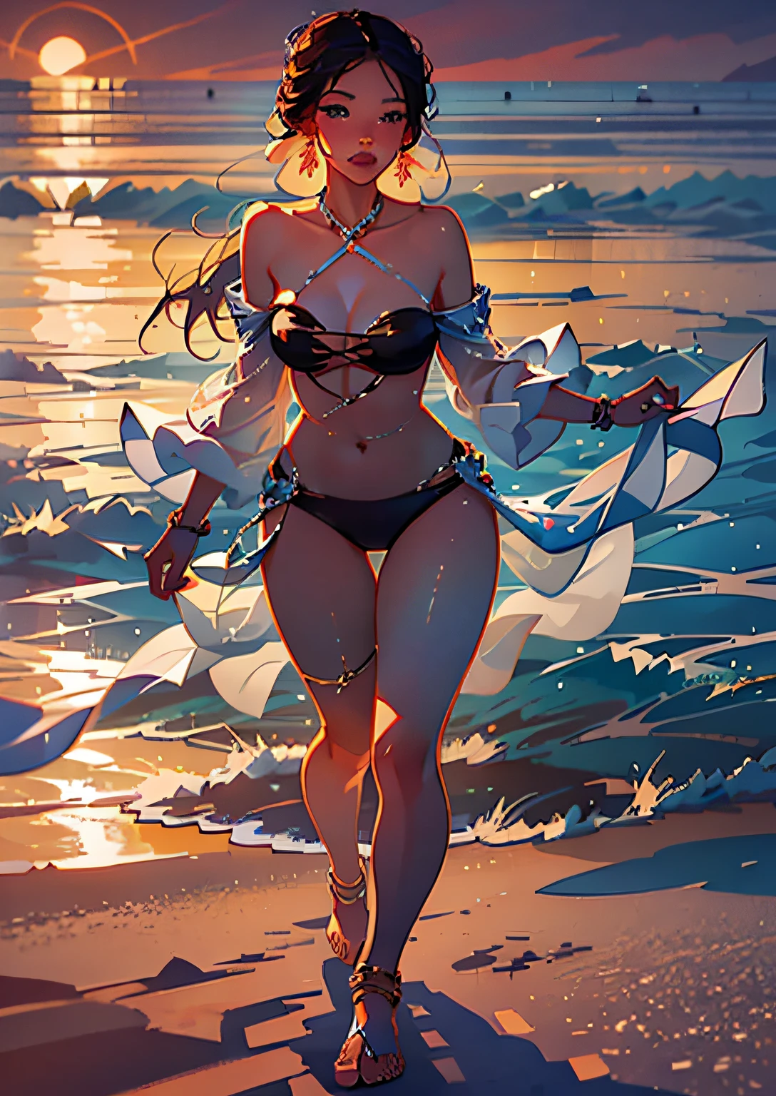 stunning beauty girl standing on the beach, the soft sand beneath her feet, the sparkling waves gently lapping at her ankles. Her long golden hair dances in the breeze, radiant face with a natural glow, The sun sets behind her, casting a warm orange hue across the sky and highlighting her flawless complexion. Her eyes twinkle with joy as she takes in the breathtaking view, radiating an effortless beauty