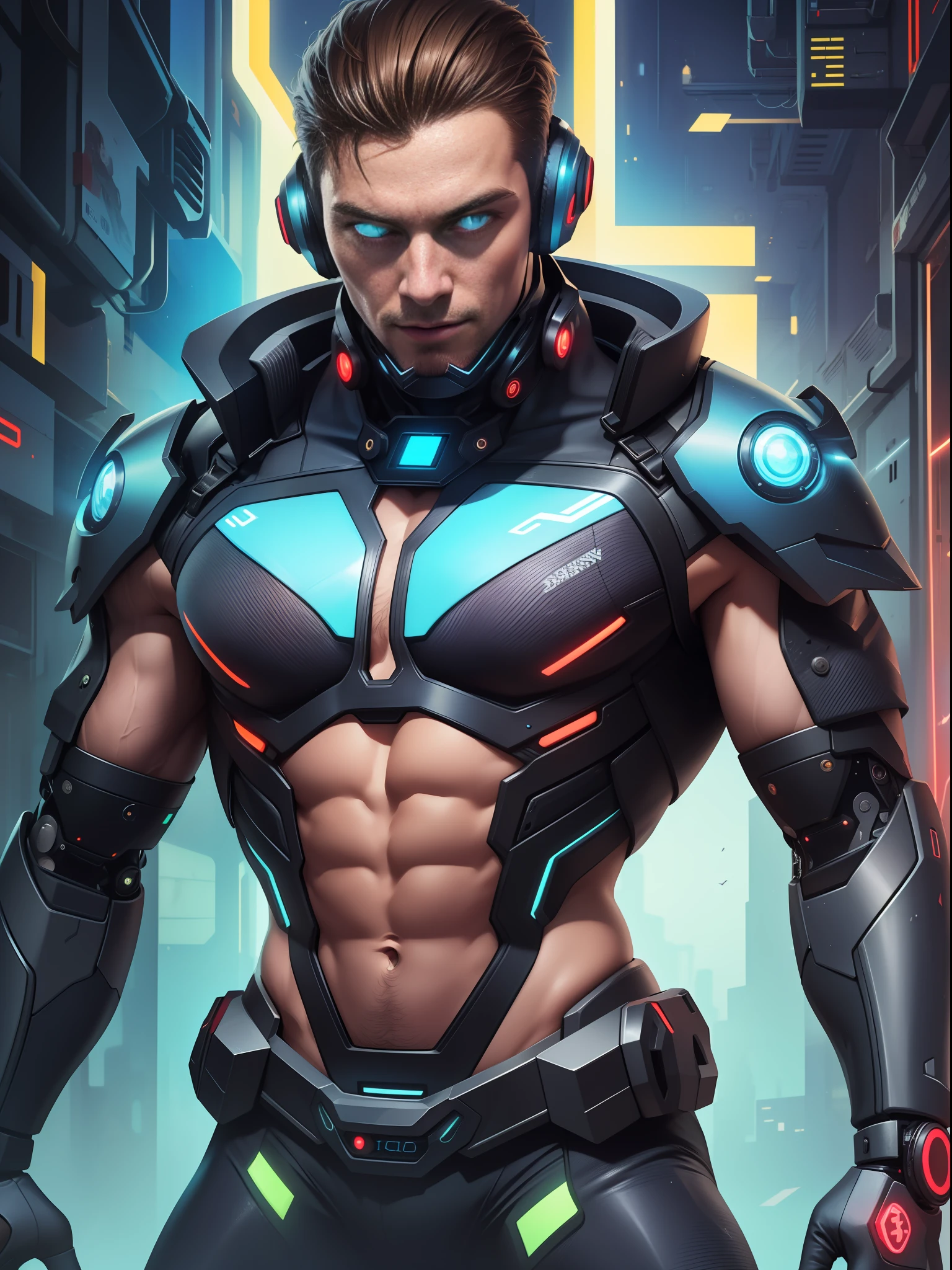 (Masterpiece, High Definition, Ultra High Definition, 4K, ) (hyper-realistic digital illustration) A handsome time traveling man in a cyberpunk setting. It should be portrayed with a futuristic and stylish appearance, combining elements of advanced technology and cybernetic aesthetics. Hairy, muscular chest, Use bright neon colors and metallic accents to emphasize your sophisticated look.