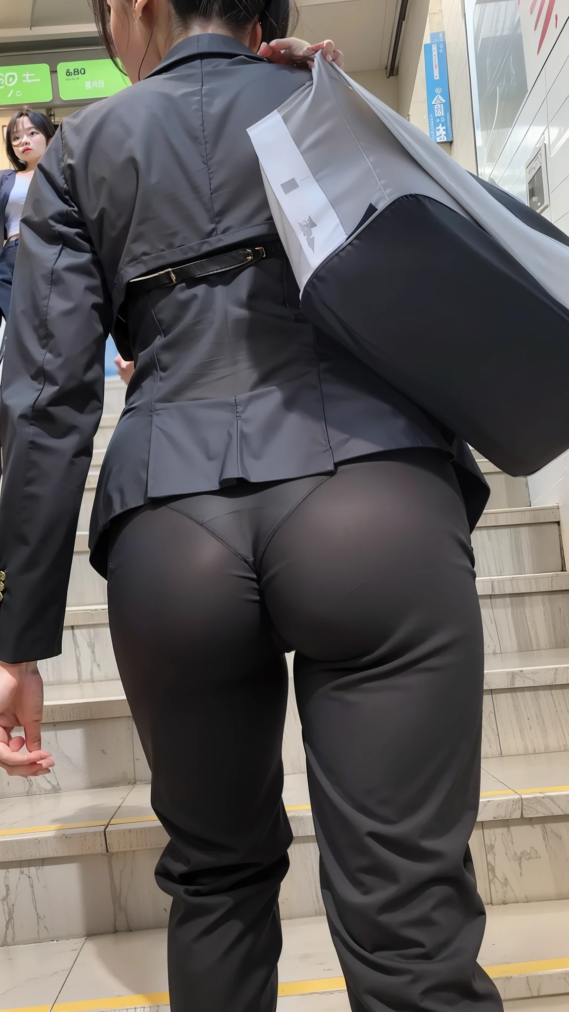 Top image quality、8K、Girl Walking Down The Stairs, Woman Facing Behind, buttock, Girl in a tight suit, rounded buttocks, Metamorphosis、There are traces of pants, Thin fabric, Clothes are sheer, undergarment, kawaii、Healthy physique、realisticlying、、A dark-haired、length hair
