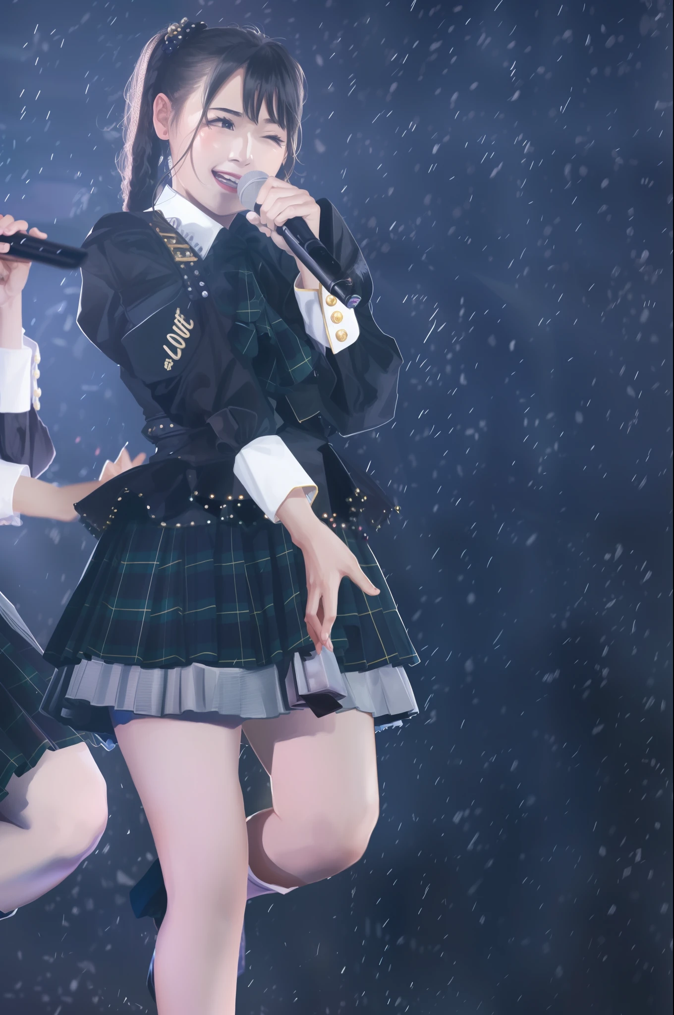 there are two girls in school uniforms singing on stage, Seifuku, performing on stage, Sateen, Sateen!!, concert photography, hanayamata, Sateen!, On stage, concert photography, Sateen, lolish, stage photography, with index finger, chiho，white stockings