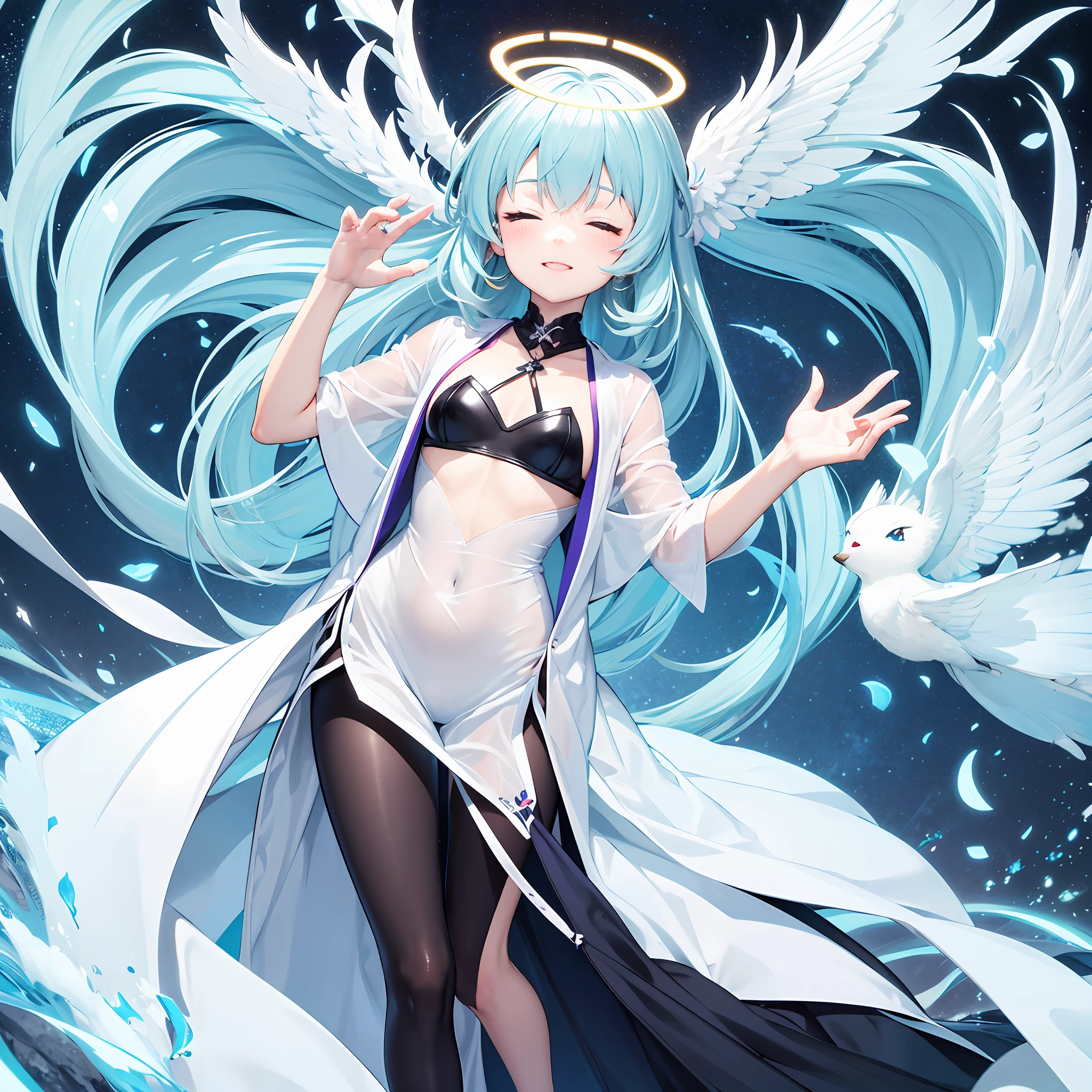 animemanga girl,Carry your hands behind your back,With his eyes closed,There are small pale blue wings on the back,There was a light blue light coming down overhead,ssmile,full bodyesbian,frontage,the sky background,The head is slightly to the right,Overhead halo,style of anime --auto
