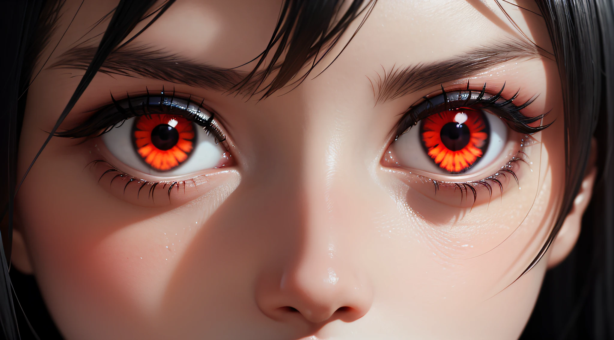 1girl, close up shot, (black sclera), glowing red eyes, black hair, pale skin,