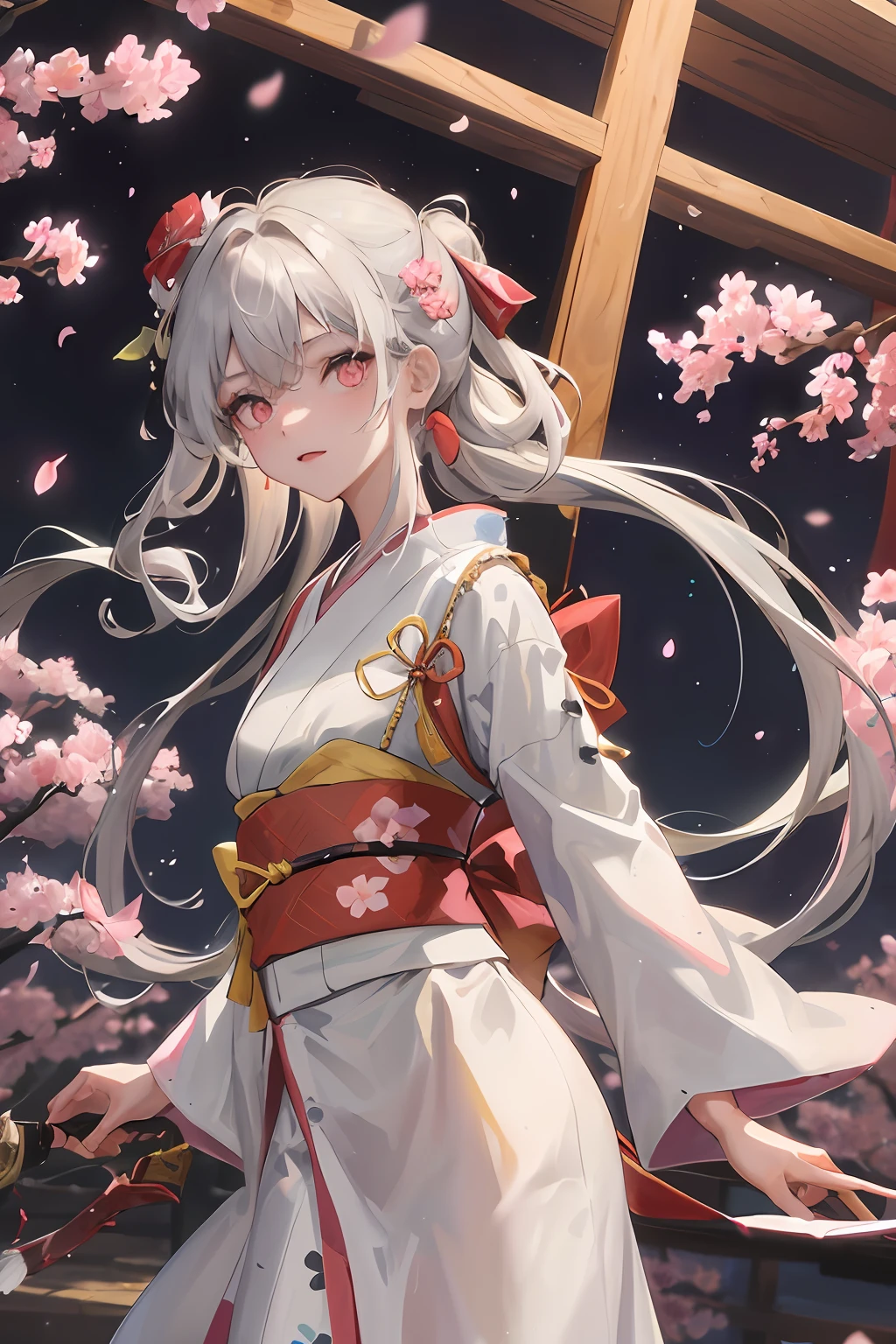 Has the coldness of an 18-year-old beautiful girl,With a longbow,She has white hair and a Japanese kimono,Pink eyes,She has long hair flowing on the day,Stand in the background,The stars reflect each other against the background。Light and shadow between dappled shadows,Cherry blossoms flying,The flaps fell around her。