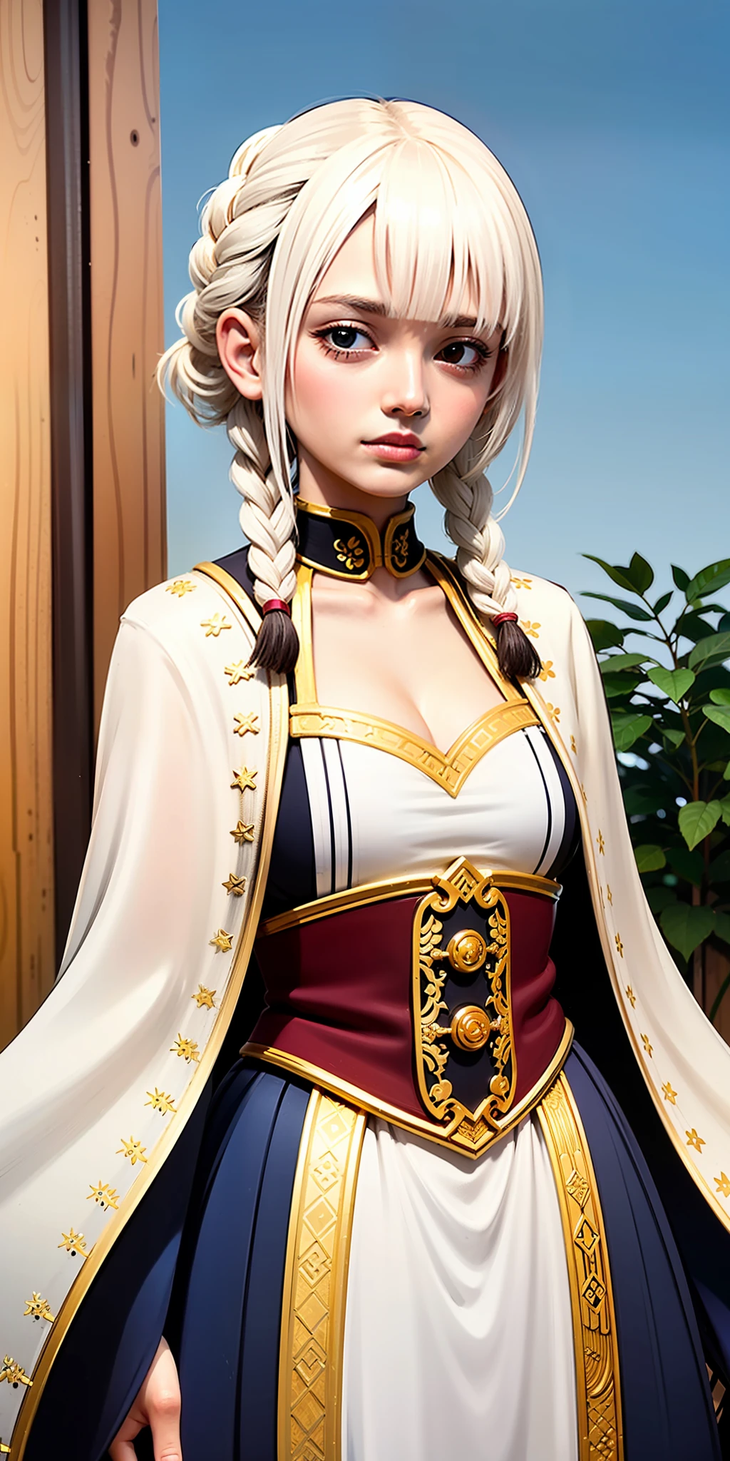 best quality, masterpiece,white hair, gold eyes,white clothes, looking up, upper body,hair strand,Fair skin,side braids --auto