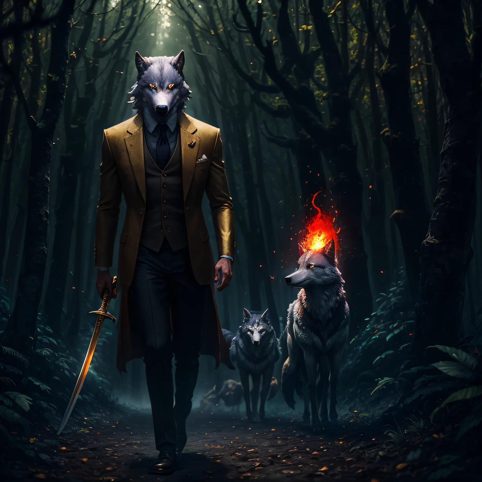 of a guy，Wolf-like head，Sheep-like legs，Holding a sword，Dark wind，Ones in suits，With a gold-plated crutch，Wizard's Hat，Red eyes，Eyes on fire，of the mask，systemic，The background is forest，natta，Ravens are around，4K