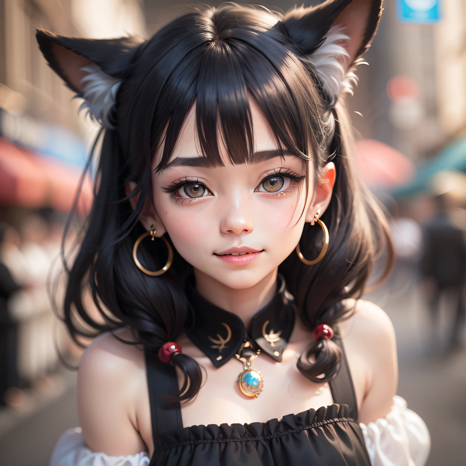 black hair, hair bobbles, wince, solid circle eyes, fake animal ears, ear blush, fang, black hair, bangs, blunt bangs, twintails, empty eyes, eye reflection, earrings, light smile, shy, bright pupils, heart in eye, happy, Surrealism, drop shadow, anaglyph, stereogram, tachi-e, pov, atmospheric perspective, Surrealism, depth of field, 8k