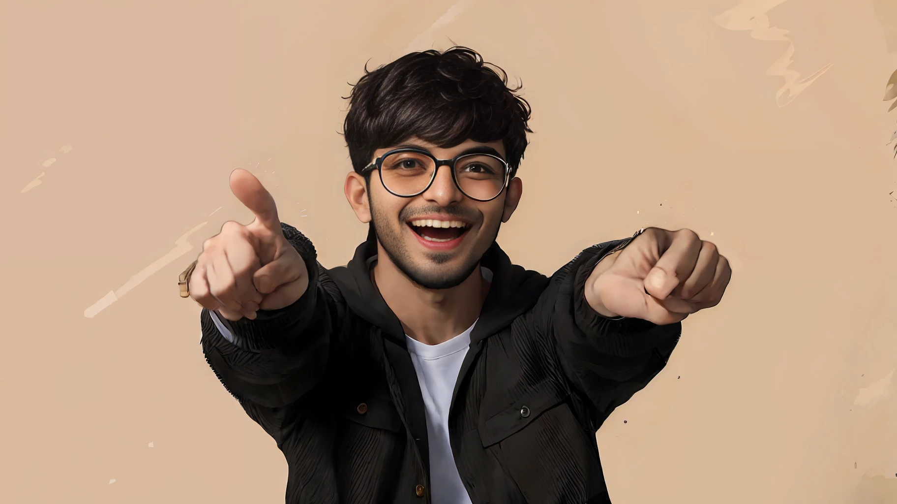 a man with glasses pointing at the camera and smiling, excited expression, portait photo profile picture, man with glasses, excited, high quality portrait, headshot profile picture, excited facial expression, with pointing finger, jayison devadas, attractive man, jewish young man with glasses, confident action pose, happy expression, cheerful expression, very excited, pointing, man finds happiness