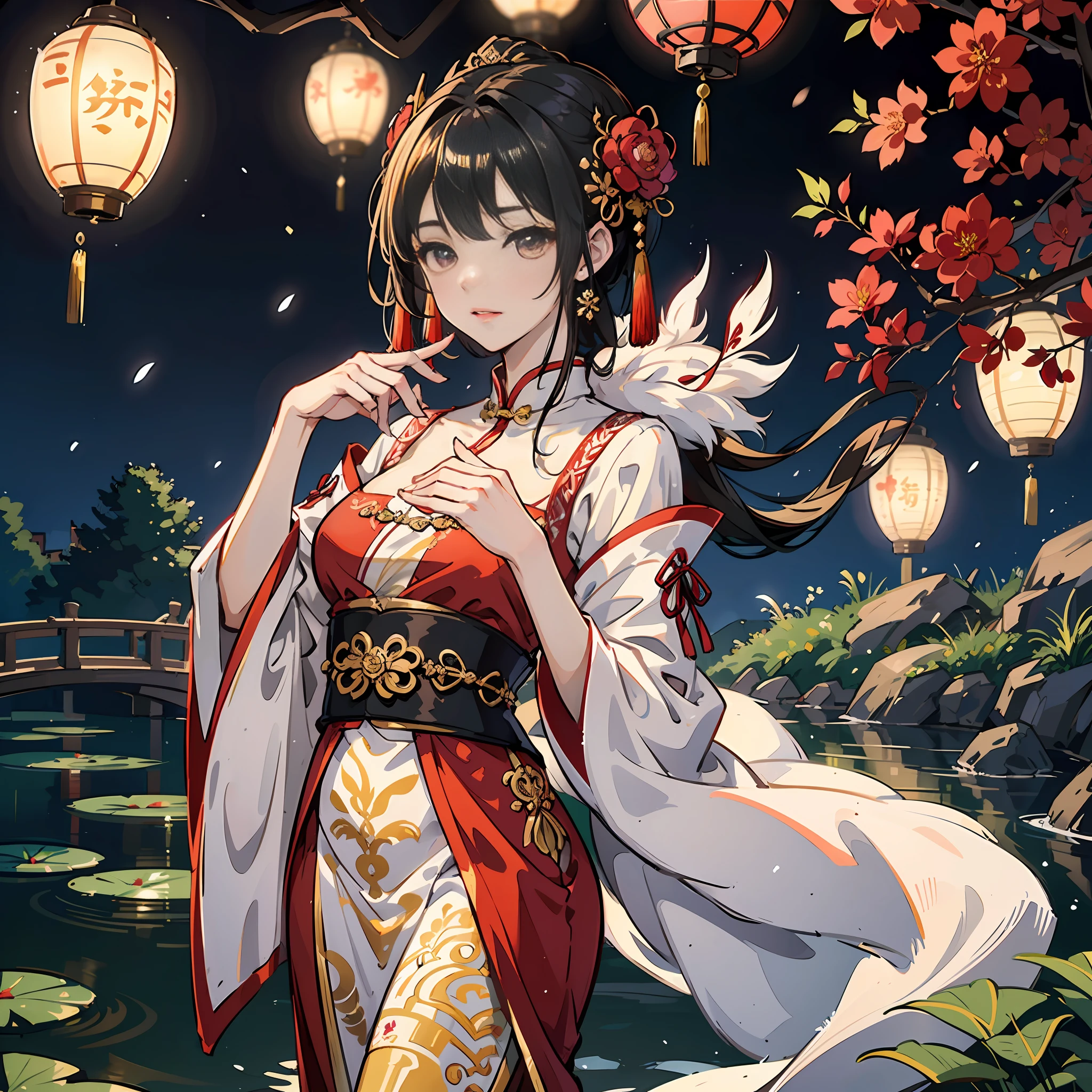 On screen,A Chinese woman wears a classical style of Hanfu with exquisite cloud patterns embroidered on the placket,Slim gold thread adorns the placket,It adds a sense of luxury to the overall design。The sleeves are wide and graceful,The soft silk fabric fluttered lightly with her movements。There is a fine embroidery at the cuffs,Delicate lines outline the texture of the moire,It gives a magnificent and delicate feeling。
The overall design is simple and subtle,The clothes are mainly dark red,A blend of soft pink and gold details。Crimson represents solemnity and elegance,The pink accents add a touch of softness and femininity。Gold details such as gold thread and ornaments,Adds a gorgeous and sparkling brilliance to the clothes。。She stands by the window of a Suzhou garden,Long black hair flowing like silk。Her hair ornament is a Chinese jade hairpin,Dotted with red flowers and sparkling pearls,There are also tiny jade pendants on the curves of the hair ornament。Her slightly inclined figure shows an elegant rhythm,The eyebrows are slightly raised,The eyes are bright and deep,The corners of his lips smiled softly,Exudes a gentle and restrained temperament。
Suzhou garden in the background,Beautifully manicured rockery、The curved bridge and the babbling pond form a tranquil and beautiful scene。Graceful flowers and red hanging lanterns add to the excitement and festivity。Snowflakes fell around her,Lingering between her hair strands and sleeves,It forms a romantic snowy landscape。She seemed to be looking into the distance by the window,The expression revealed a touch of Chinese sadness,As if missing someone --auto
