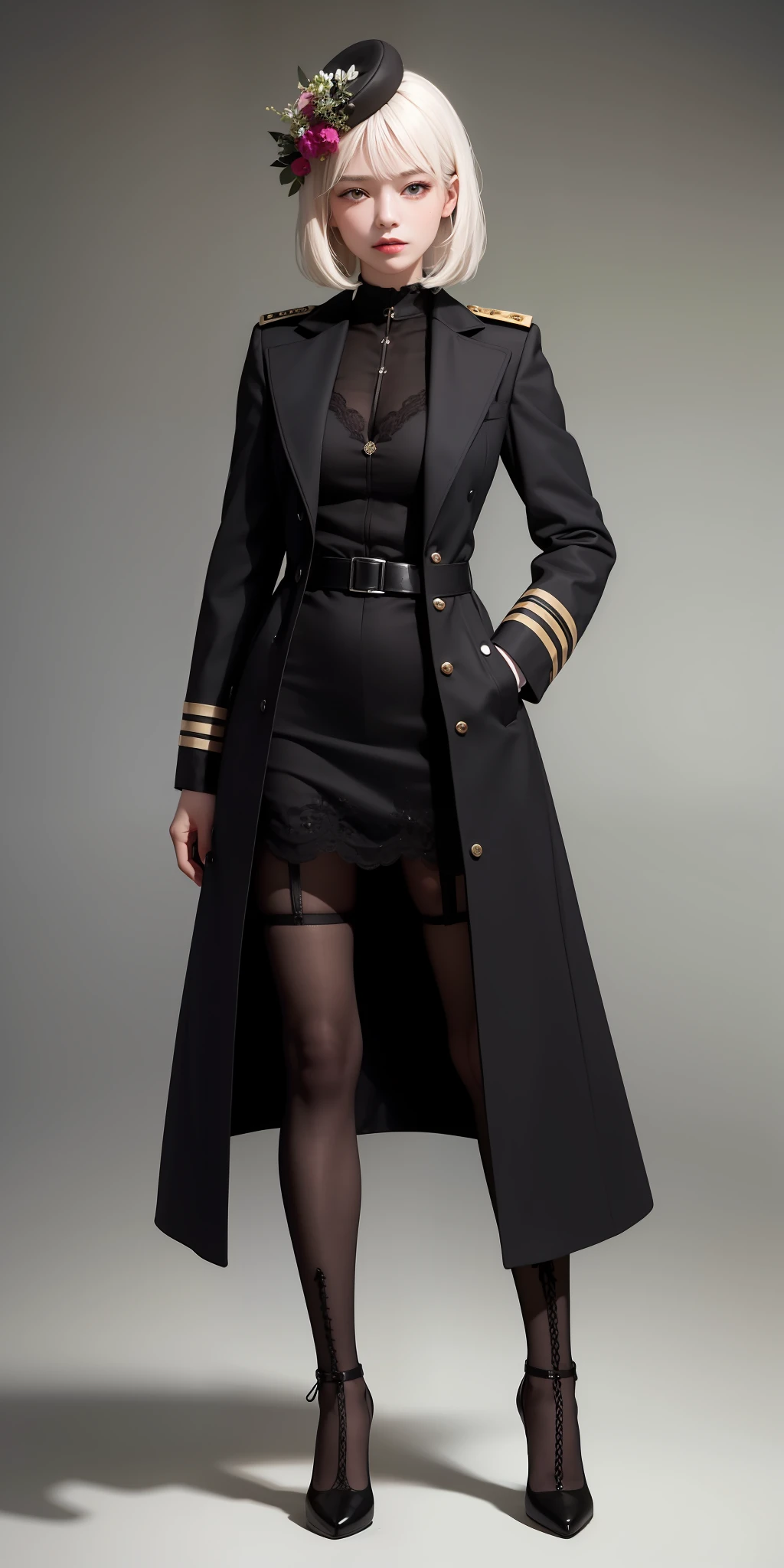 1girll,white color hair,Wear a black flower on your head,Wearing a black gauze tights,Wear a black wristband,Black lace-up heels,Wearing a black military uniform overcoat,The inside of the coat is red,perfectly proportioned, Cinematic lighting, filmgrain, Fujicolor, lightand shade contrast, 8K, 巨作, Textured skin, Super detail, hoog detail, High quality, A high resolution,