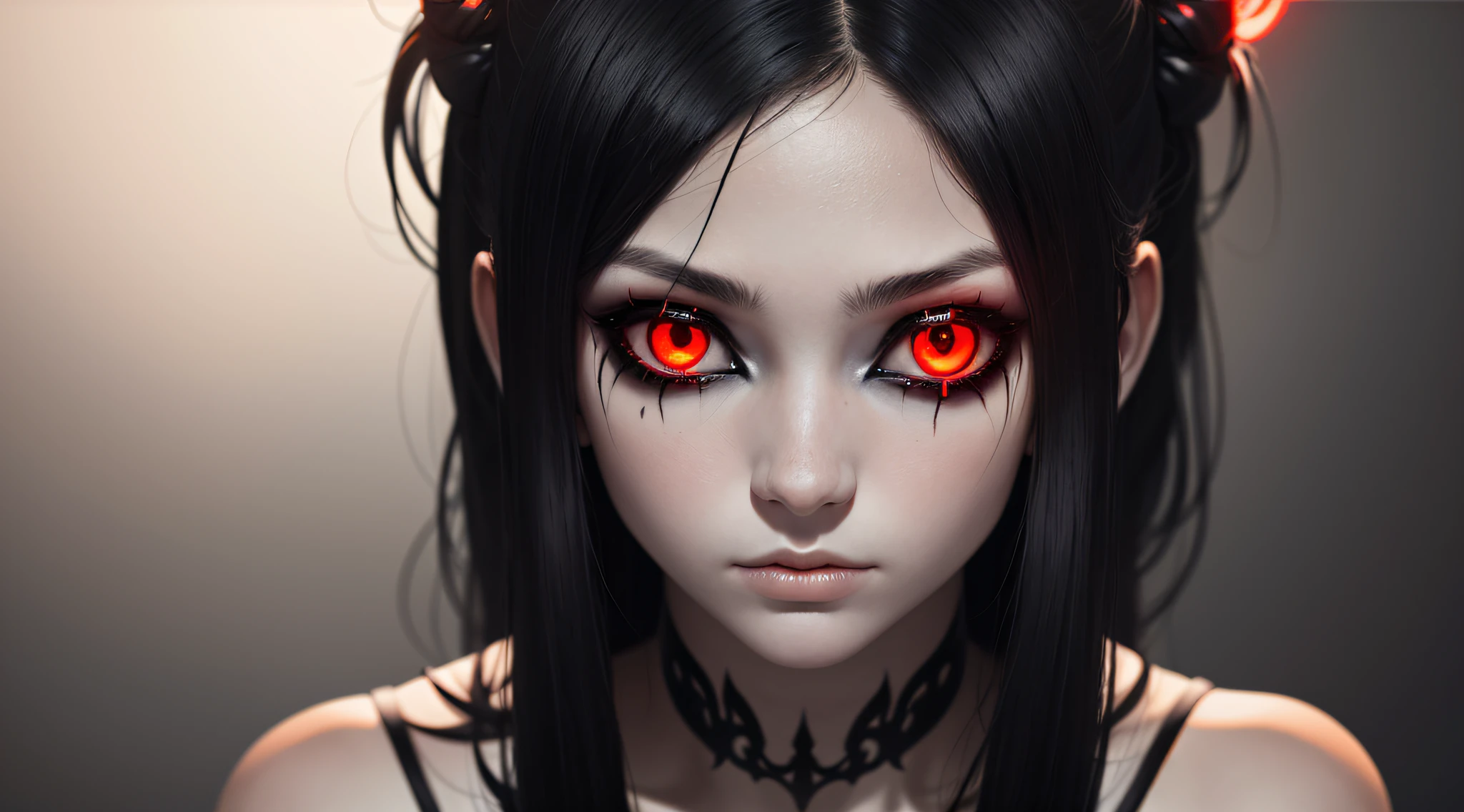 1girl, close up shot, (black sclera), glowing red eyes, black hair, pale skin,