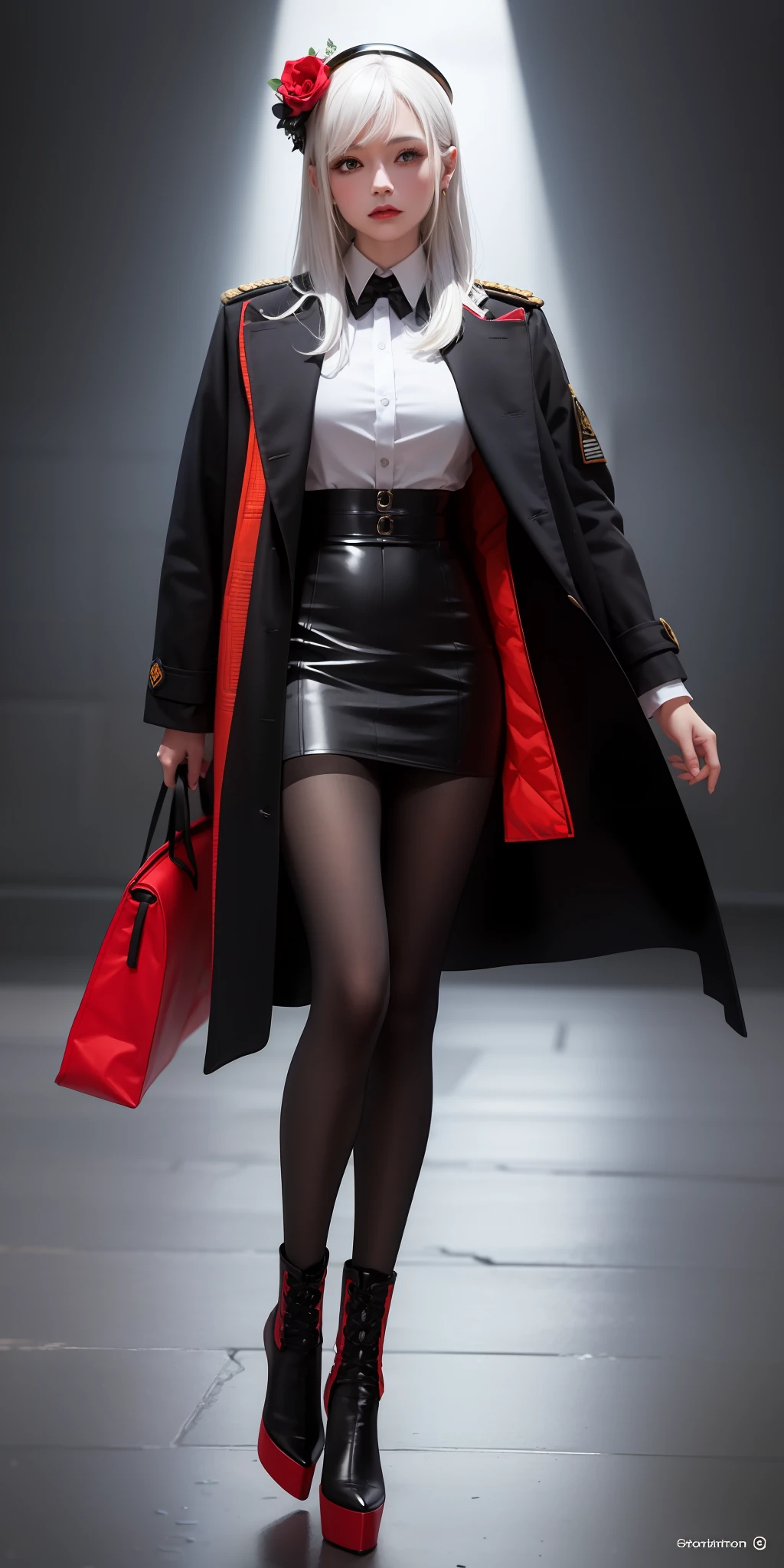1girll,white color hair,Wear a black flower on your head,Wearing a black gauze tights,Wear a black wristband,Black lace-up heels,Wearing a black military uniform overcoat,The inside of the coat is red,perfectly proportioned, Cinematic lighting, filmgrain, Fujicolor, lightand shade contrast, 8K, 巨作, Textured skin, Super detail, hoog detail, High quality, A high resolution,