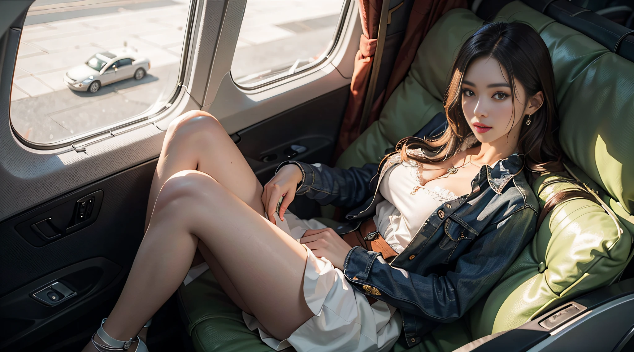 巨作 、 Best quality, (The soft,Hphotorealistic, of a real:1.2),Mature sexy Korean 27 year old woman:1.2,(full bodyesbian:1.2, 1 Korean sexy 27 year old woman,tmasterpiece,hbest quality,Hyper-detailing,softness,Super sexy face:1.35,Fine and detailed eyes and detailed face:1.2) (garments:Light flight attendant uniform, Manteau:1.33,The shirt:1.33, Silk scarf, Silver square stud earrings:1.3, Medium ruffle skirt:1.3, Black stockings cover the legs:1.3, Crystal stiletto heels:1.3), allure:whaite hair,Natural makeup,(Chest occlusion:1.4),(Purple eye:1.05),thin hips,Cleavage is seductive,maternal,looking at me,curvy build,volutpuous,volutpuous,full bodyesbian,lipsticks(mature femal:1.1),独奏,(curves:1.1), Large butts,The thighs are thinner,Beautiful slender(Heavenly, Aircraft cabin, Empty background:1.1),(Single full-body photo:1.2),(Sit Pose:1.38,Dignified and generous:1.38),(Asymmetrical hair),Light blush,The soft:1.1,Ultra-realistic fingers,Hide finger oil, Ultra-realistic legs,Slender legs, Super white skin,Parting lips, Closed mouth, Light blush, Modern, Depth of field, Ultra-wide angle, 16k,The ultra -The high-definition, retinas, Textured skin, High quality, A high resolution