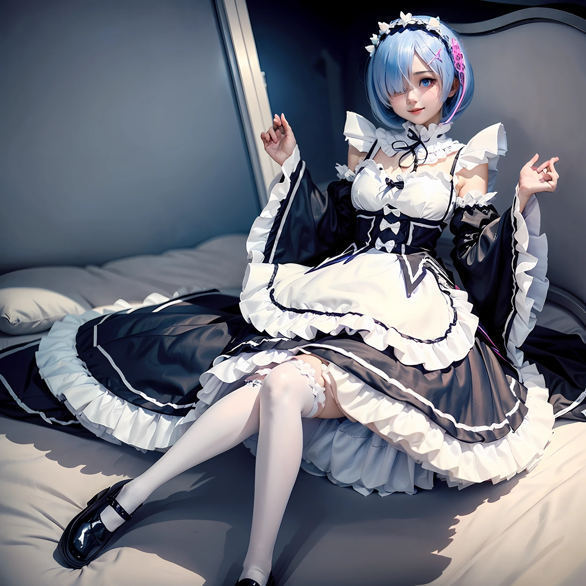 blue hairs,black and white maid clothes,Bangs cover one eye,teens girl,Love eyes,ssmile,adolable,full bodyesbian,Short hair just up to the neck,White stockings,blue color eyes,gentleness,nakeness,onbed