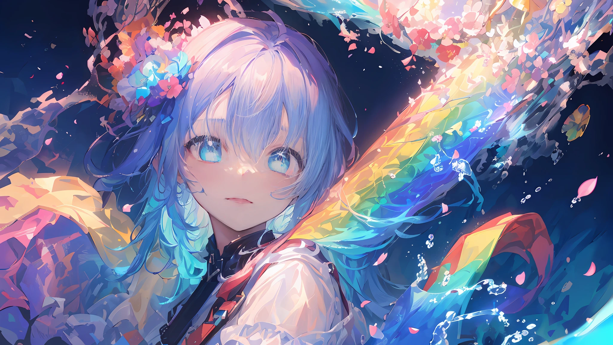 tmasterpiece，（Unbeatable perfection），（（（Extremely high resolution））），Extreme clarity and comfort，（（（extremely detailed CG unity 8k wal））），stable，best qualtiy，（multi-detail），Best shadow，（（An extremely delicate and beautiful girl）），（（（cute  girls））），（（（Close-up Shot Shot））），Most Best Illustration，One layer thickened，（（（kawaii））），（Brilliant colors），Extremely detailed fingers，（（（Rainbow hair））），Amazing，（（Dreamy）），untrue，In a dreamy sky with blue-pink clouds：1.2，There are some stars in the sky，Clear turquoise sky：1.2，petals，（Colorful clouds），（（depth of fields：1.12）），Beautiful detailed sky：1.18，Cyan sky， Three-dimensional structure，Beautiful details glow，（（Close to the screen：1.34）），（（Transparent pupils like water）），（（happy laughing））