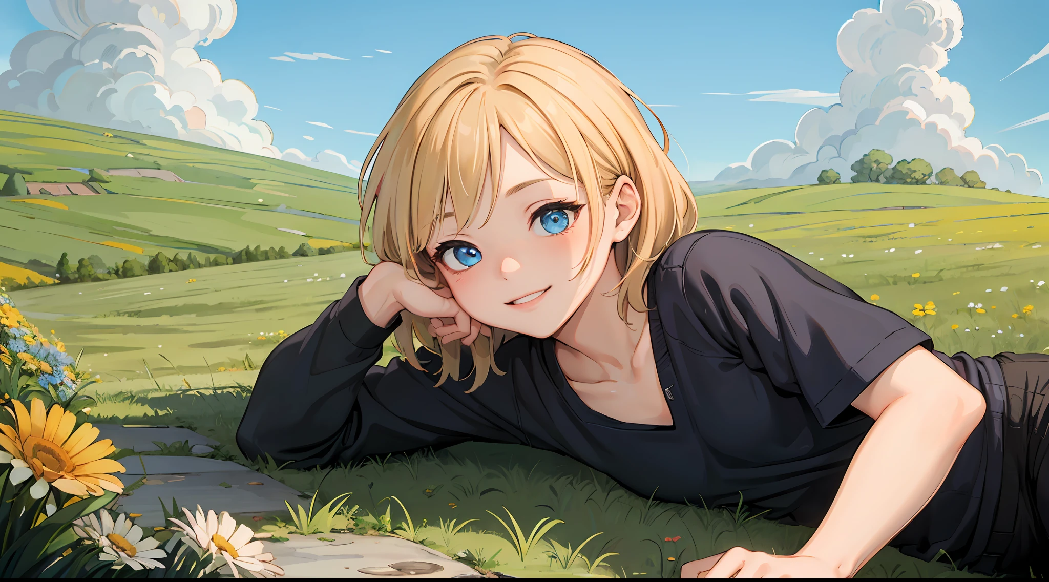 best quality, masterpiece, small breasts, smile, leggings, outdoors, anime style, grass field, daytime, blue sky, blue eyes, detailed eyes, medium hair, blonde hair, loose hair, bangs, lying down, no shirt,