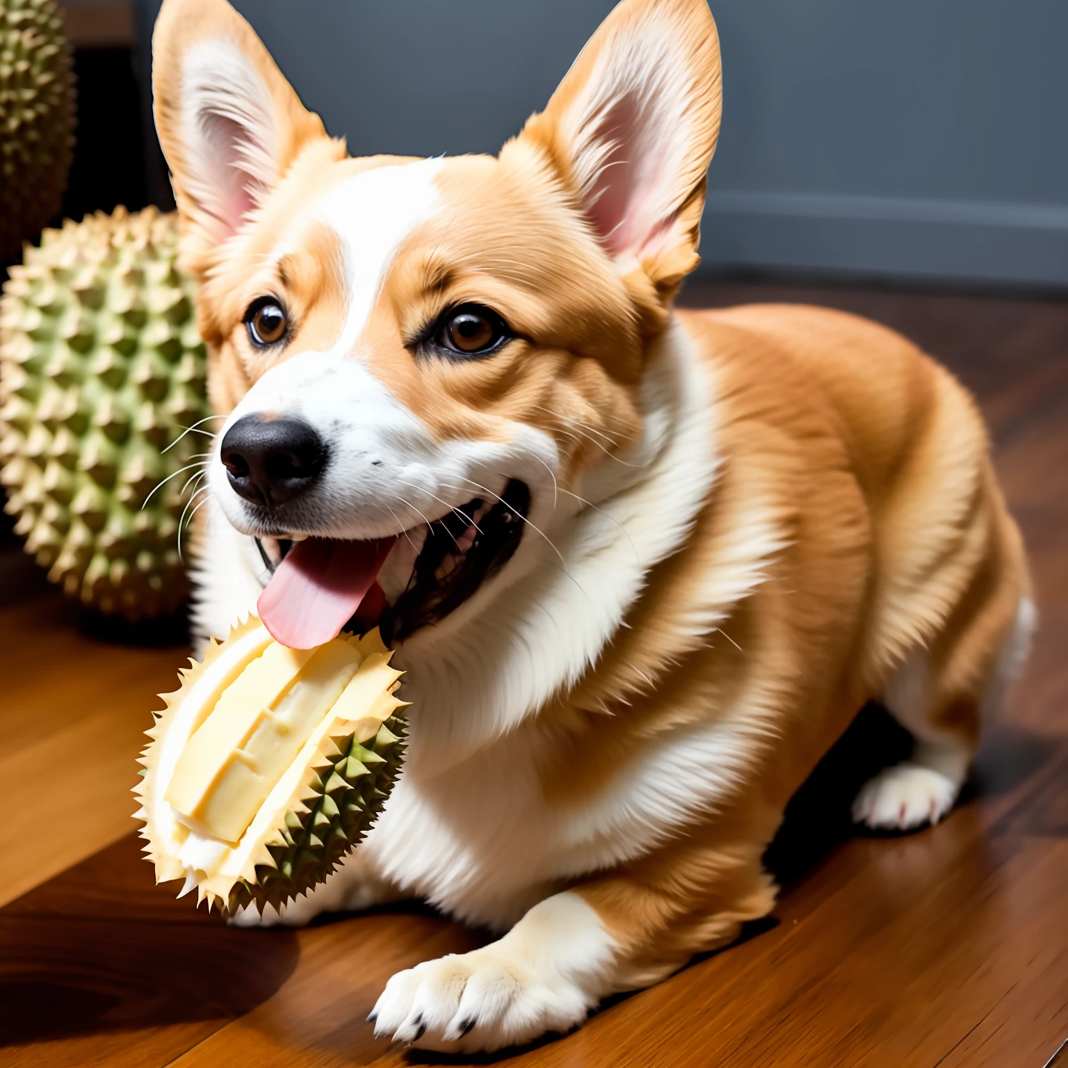 Corgi,Eat durian,Mouth open,has a tail