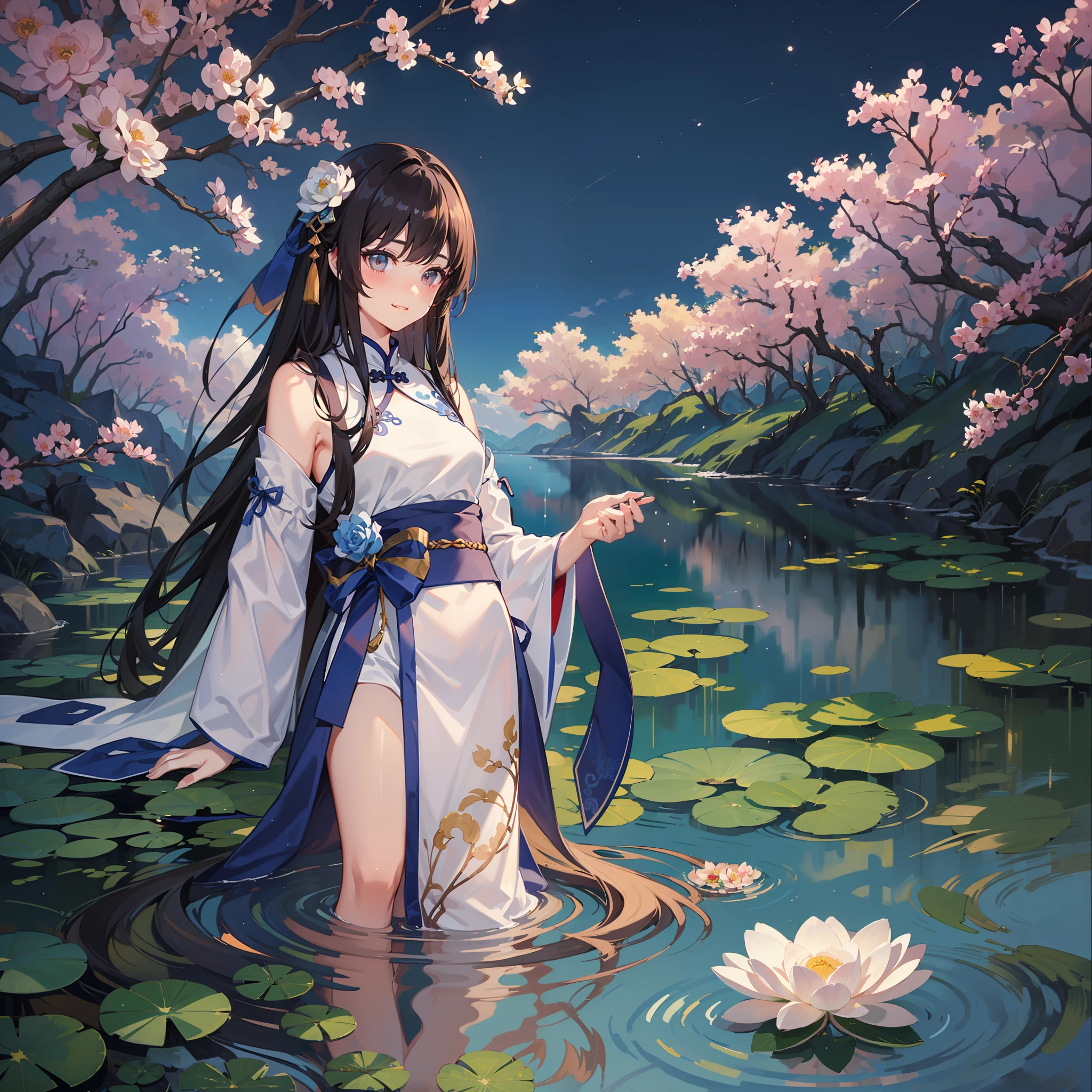 ((4k,masterpiece,best quality)), shuimobysim, Traditional chinese painting, lotuses, Hanfu, maxiskit, Dress conservatively 1girl, solo, blue long hair, ssmile, standingn, Feet in the water, bare footed, （A beautiful starry sky）（Highest quality details）