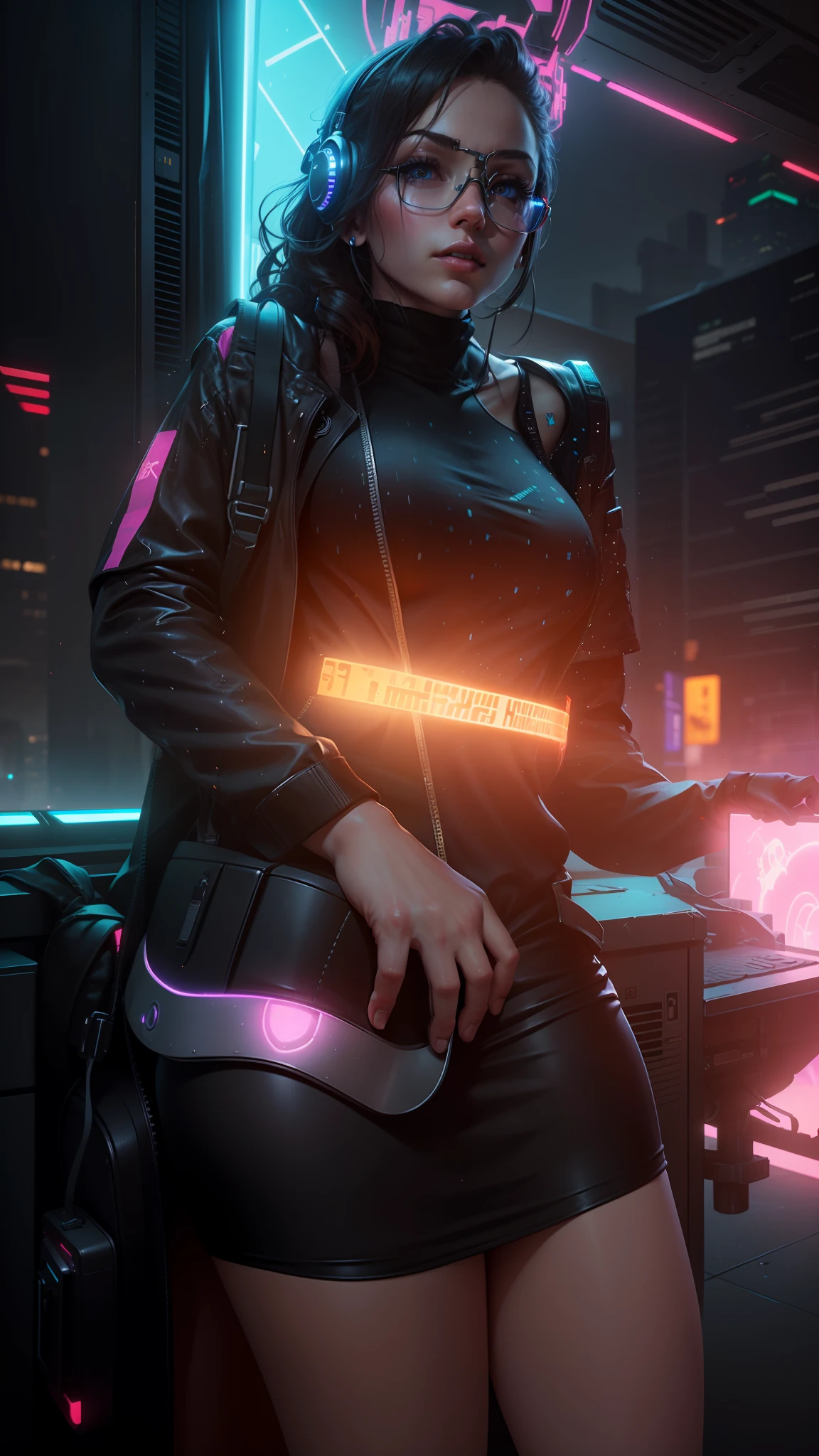 (masterpiece), ultra-realistic, (beautiful girl), gaming, cyberpunk, (keep it real, ultra-detailed, 8k), (change background:1.2), breathtaking scenery, (night city, neon lights), color grading, depth of field